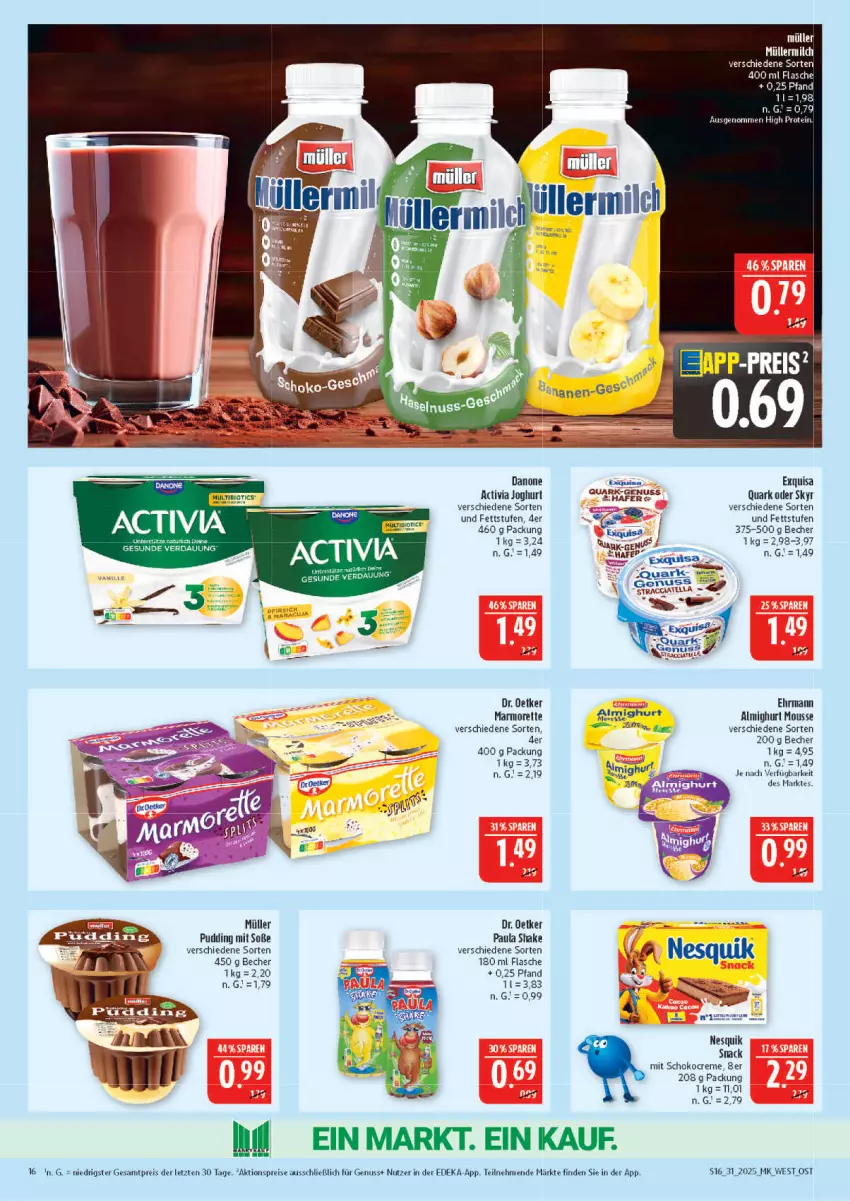 Aktueller Prospekt Marktkauf - Prospekt - von 27.07 bis 02.08.2025 - strona 16 - produkty: activia, activia joghurt, aktionspreis, almighur, almighurt, Becher, creme, danone, deka, Dr. Oetker, ehrmann, eis, exquisa, flasche, joghur, joghurt, mousse, Müller, nesquik, nuss, Paula, pudding, quark, reis, rel, schoko, shake, Skyr, snack, Soße, tee, Ti, ZTE