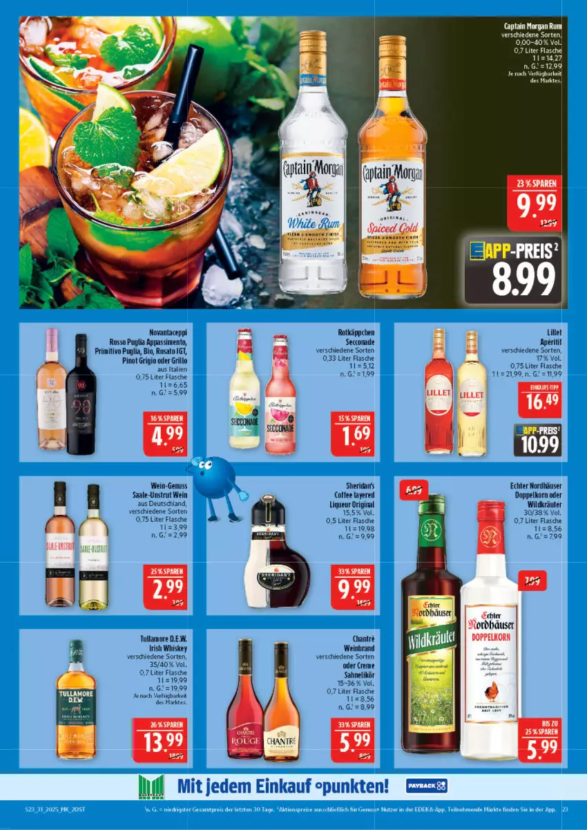 Aktueller Prospekt Marktkauf - Prospekt - von 27.07 bis 02.08.2025 - strona 23 - produkty: aperitif, bio, Cap, creme, doppelkorn, ecco, flasche, gin, grill, grillo, irish whiskey, korn, kräuter, likör, lillet, liqueur, nuss, Pinot, pinot grigio, primitivo, rosato, rotkäppchen, rum, sahne, sim, Ti, tullamore, wein, weinbrand, whiskey, white rum, Wild