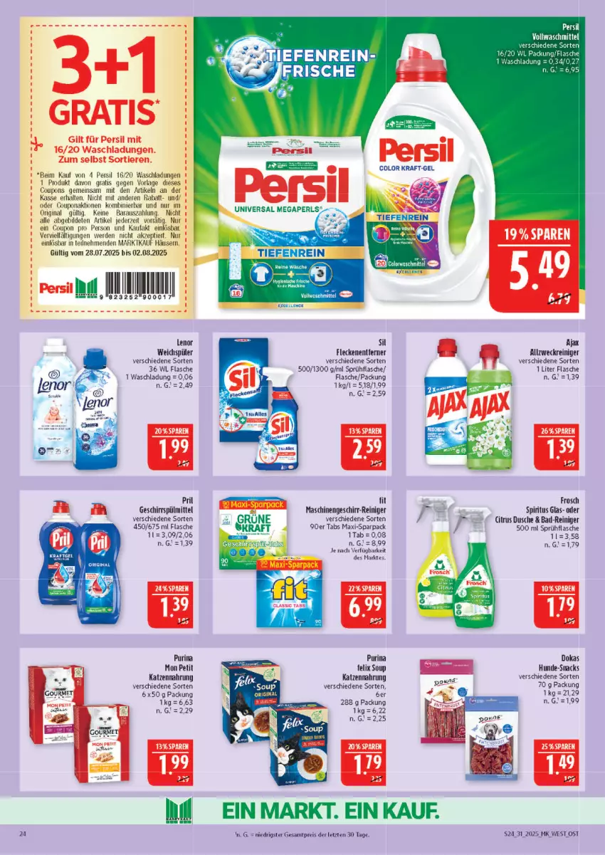 Aktueller Prospekt Marktkauf - Prospekt - von 27.07 bis 02.08.2025 - strona 24 - produkty: ajax, allzweckreiniger, Bad, citrus, coupon, coupons, dusche, eis, elle, erde, felix, flasche, Frosch, geschirr, geschirrspülmittel, gin, katzennahrung, kraft, lenor, lenor weichspüler, megaperls, persil, pril, purina, reiniger, reis, snack, snacks, spiritus, sprühflasche, spülmittel, Ti, Tiere, universal megaperls, vollwaschmittel, waschmittel, weck, weichspüler, ZTE