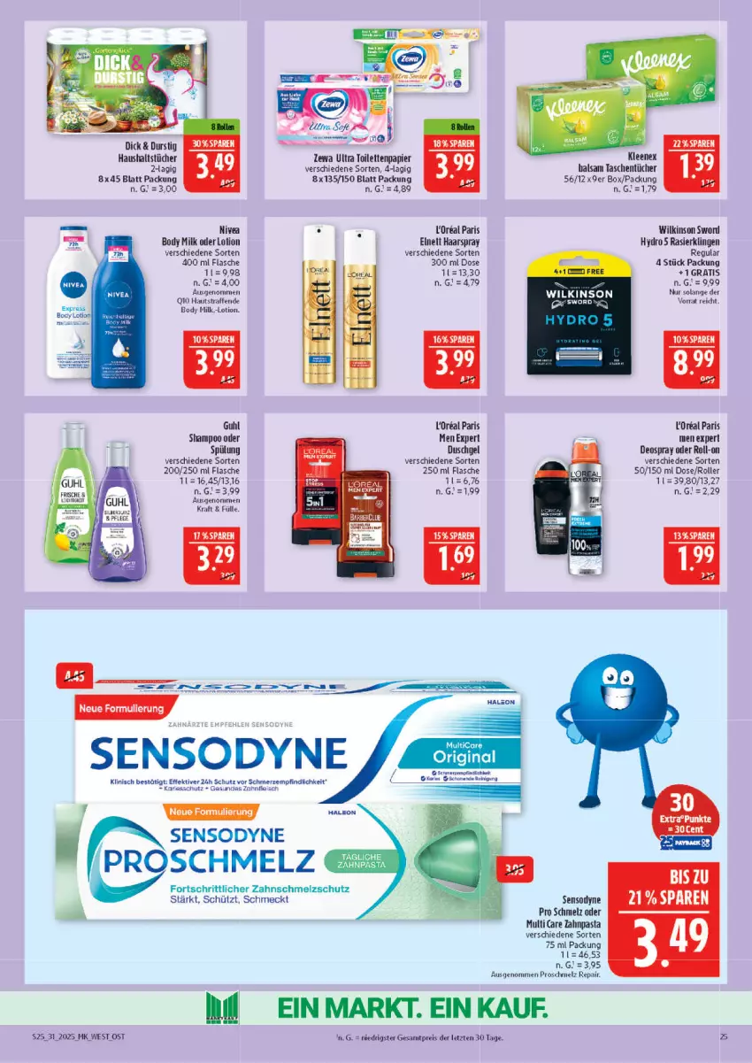 Aktueller Prospekt Marktkauf - Prospekt - von 27.07 bis 02.08.2025 - strona 25 - produkty: balsam, body, body milk, deo, deospray, duschgel, eis, flasche, fleisch, Guhl, haarspray, haushaltstücher, kraft, l'oreal, Lotion, nivea, papier, pasta, Rasierklinge, rasierklingen, reis, roll-on, Roller, sensodyne, shampoo, spülung, Tasche, taschen, taschentücher, tee, Ti, toilettenpapier, tücher, wilkinson, zahnpasta, zewa, ZTE