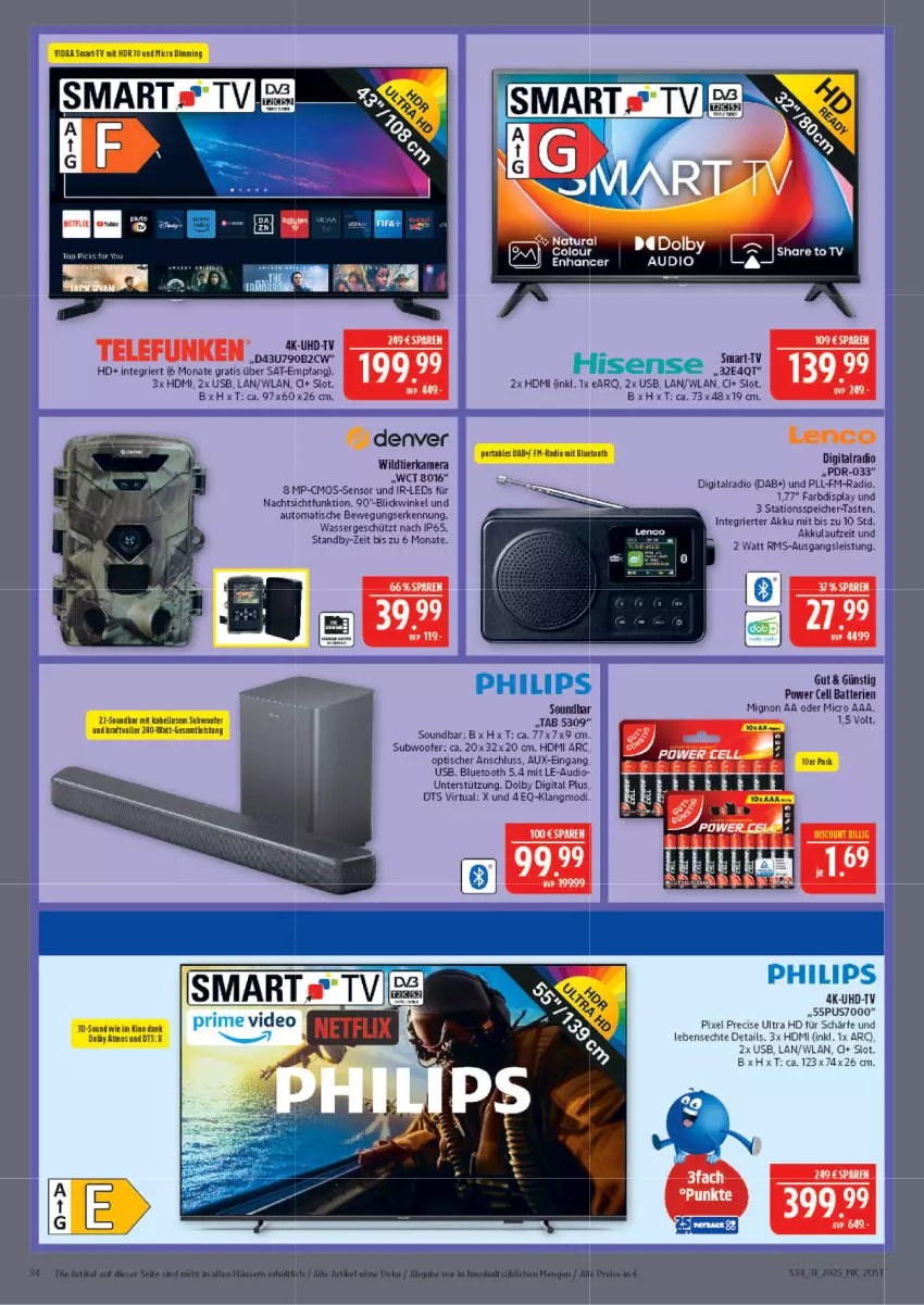 Aktueller Prospekt Marktkauf - Prospekt - von 27.07 bis 02.08.2025 - strona 34 - produkty: auto, batterie, batterien, cmos-sensor, eis, HDMI, kamera, lenco, Radio, soundbar, Subwoofer, telefunken, Ti, tisch, uhd, UHD-TV, usb, wasser, Wild