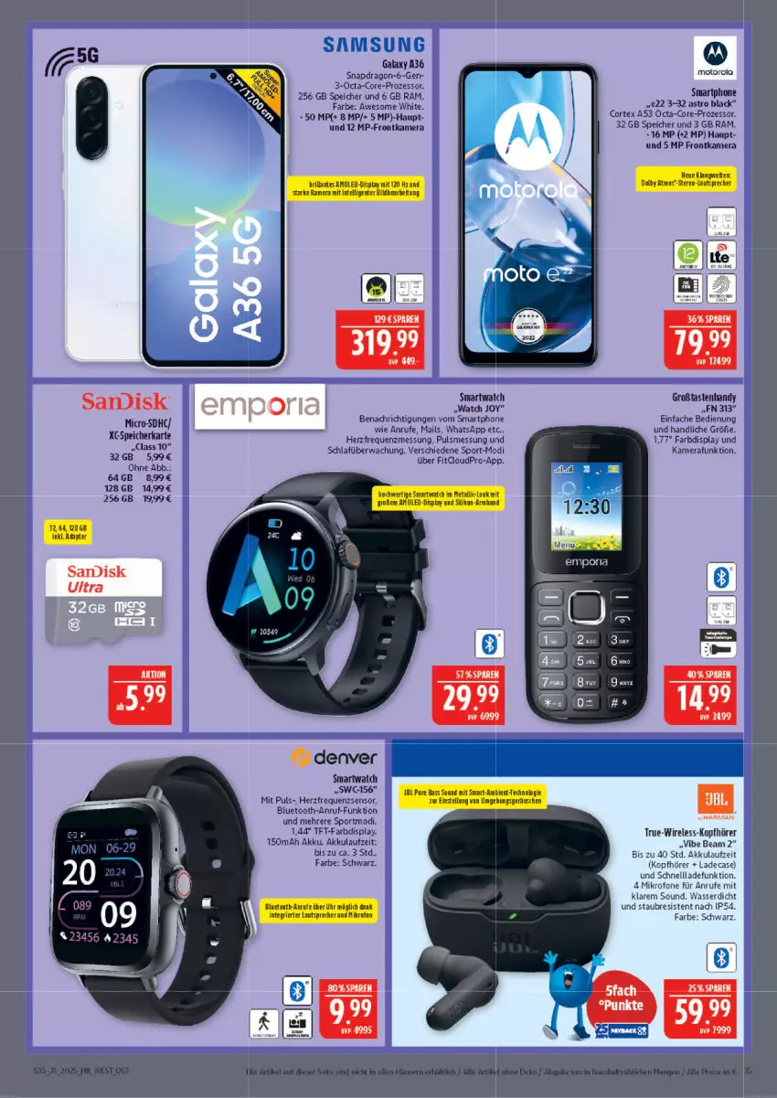 Aktueller Prospekt Marktkauf - Prospekt - von 27.07 bis 02.08.2025 - strona 35 - produkty: akku, frontkamera, harman, kamera, kopfhörer, lack, motorola, rel, schnellladefunktion, smartphone, smartwatch, speicherkarte, Sport, tft-farbdisplay, Ti, wasser
