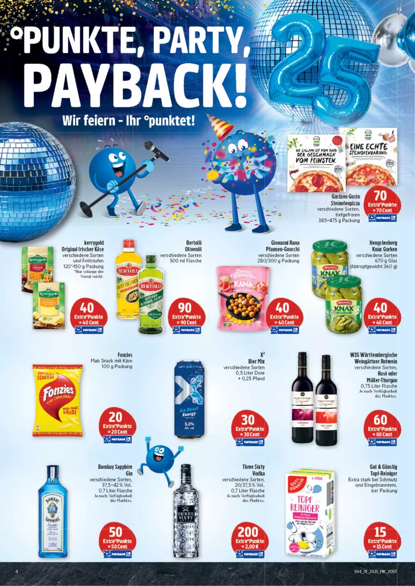 Aktueller Prospekt Marktkauf - Prospekt - von 27.07 bis 02.08.2025 - strona 4 - produkty: bier, bombay sapphire, flasche, gin, giovanni rana, gnocchi, gurke, gurken, hengstenberg, Käse, mac, mais, Müller, Müller-Thurgau, Ofen, olive, oliven, olivenöl, pfanne, pfannen, pizza, Rana, reiniger, rind, rotwein, sapphire, snack, steinofen, Three Sixty, Ti, topf, vodka, wein