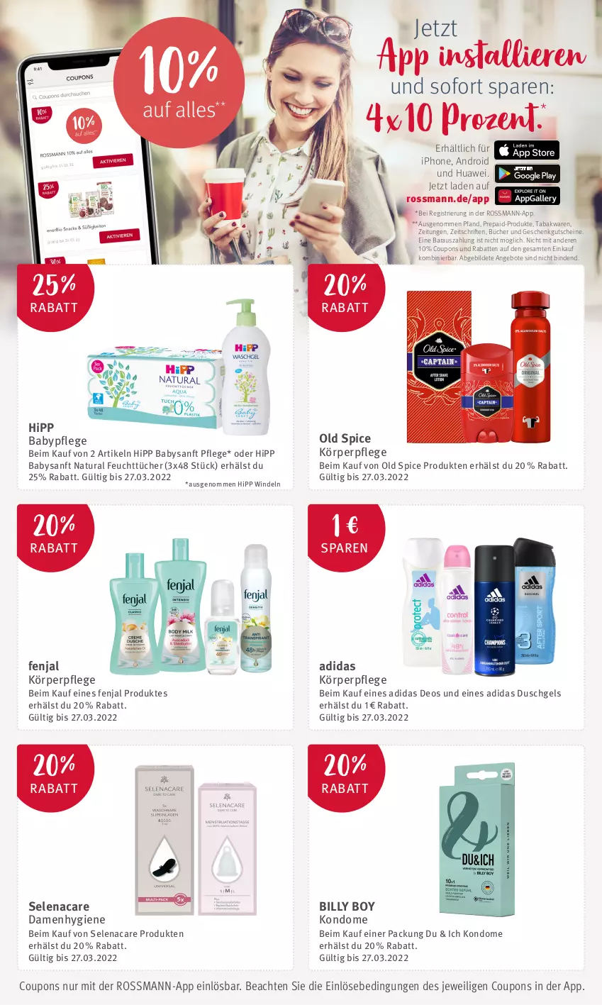 Aktueller Prospekt Rossmann - Prospekte - von 05.03 bis 11.03.2022 - strona 2 - produkty: Adidas, angebot, angebote, Billy Boy, binden, coupon, coupons, deo, duschgel, feuchttücher, gutschein, gutscheine, hipp, huawei, iphone, Kondome, körperpflege, natur, natura, Old Spice, Ti, tücher, windeln