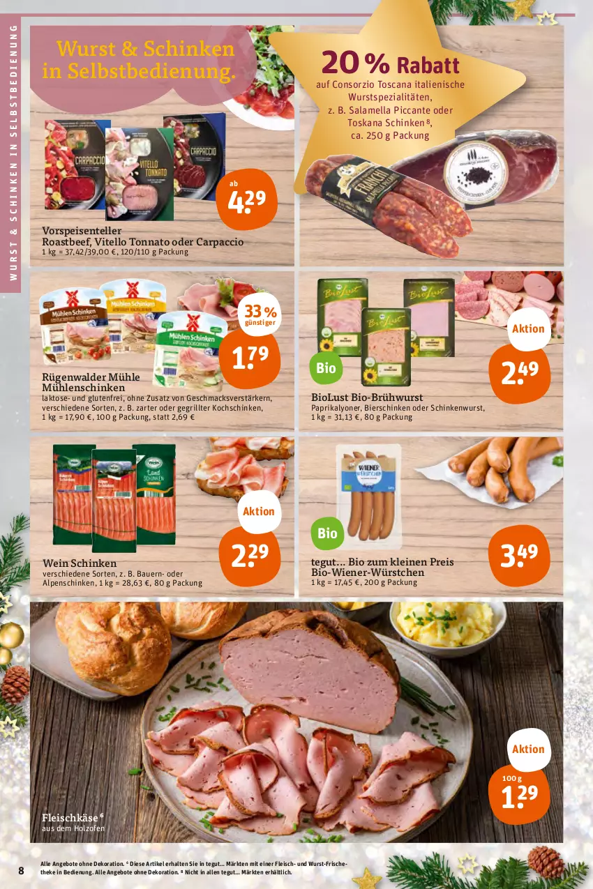 Aktueller Prospekt Tegut - Angebote der Woche - von 19.12 bis 24.12.2022 - strona 10 - produkty: ACC, angebot, angebote, auer, Bau, Bauer, beef, bier, bierschinken, bio, Brühwurst, Carpaccio, dekoration, eis, elle, ente, fleisch, fleischkäse, grill, Holz, Käse, kochschinken, leine, lyoner, mac, Ofen, paprika, reis, roastbeef, rügenwalder, rügenwalder mühle, schinken, schinkenwurst, Spezi, teller, Ti, Vitello Tonnato, vorspeise, wein, wiener, wurst, würstchen, Yo