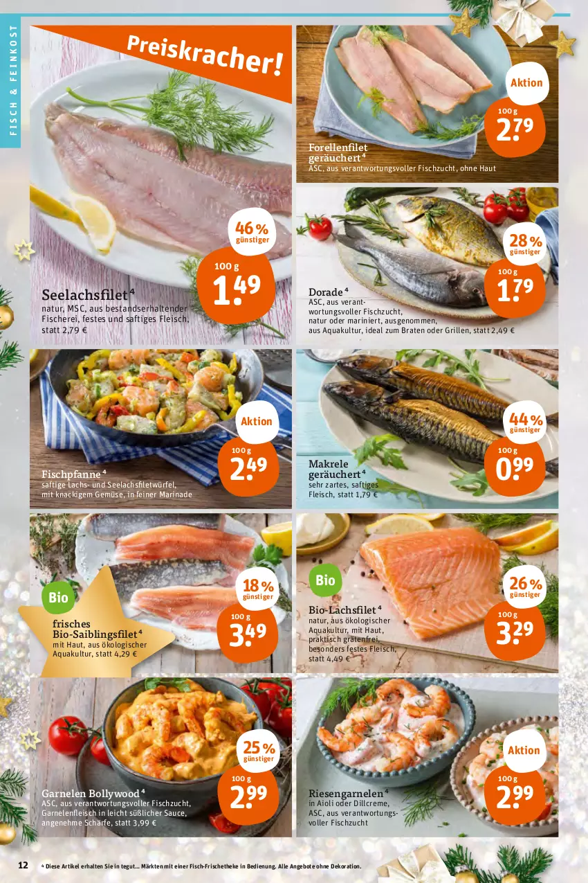 Aktueller Prospekt Tegut - Angebote der Woche - von 19.12 bis 24.12.2022 - strona 14 - produkty: aioli, angebot, angebote, aqua, bio, braten, creme, dekoration, Dorade, eis, elle, feinkost, filet, fisch, fische, Fischer, fleisch, forelle, garnelen, grill, HP, ideal zum braten, lachs, lachsfilet, Makrele, marinade, natur, pfanne, rel, riesengarnelen, saft, Saibling, sauce, Schere, seelachsfilet, tender, Ti, tisch, würfel