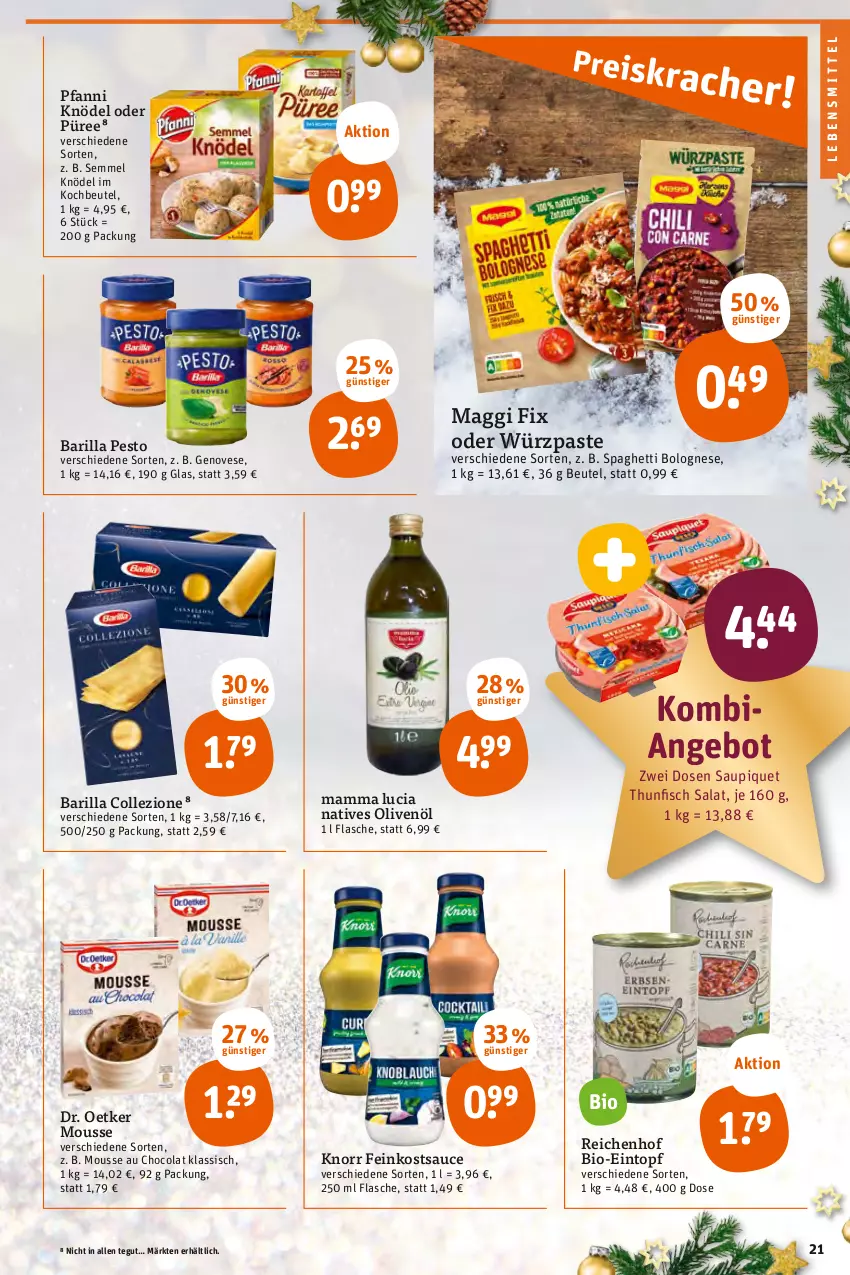 Aktueller Prospekt Tegut - Angebote der Woche - von 19.12 bis 24.12.2022 - strona 23 - produkty: angebot, barilla, beutel, bio, bolognese, cola, Dr. Oetker, eintopf, feinkost, fisch, flasche, genovese, Knödel, knorr, kochbeutel, lebensmittel, maggi, maggi fix, mam, mousse, Mousse au Chocolat, natives olivenöl, olive, oliven, olivenöl, pesto, pfanni, püree, salat, sauce, saupiquet, Semmel, spaghetti, spaghetti bolognese, thunfisch, thunfisch salat, Ti, topf