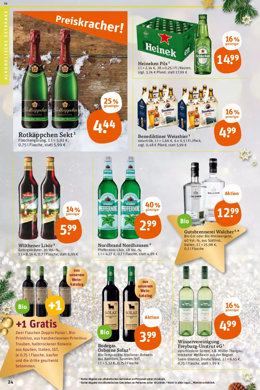 Aktueller Prospekt Tegut - Angebote der Woche - von 19.12 bis 24.12.2022 - strona 26 - produkty: alkohol, alkoholische getränke, asti, beko, Benediktiner, bier, bio, doppio passo, eis, flasche, getränk, getränke, gin, heineken, himbeer, kräuter, likör, Müller, Müller-Thurgau, natur, nordbrand, olaz, osborne, passo, pfeffer, pils, primitivo, Reinigung, rotkäppchen, rotwein, sekt, tempranillo, Ti, trauben, wein, weissbier, Weißwein, wilthener