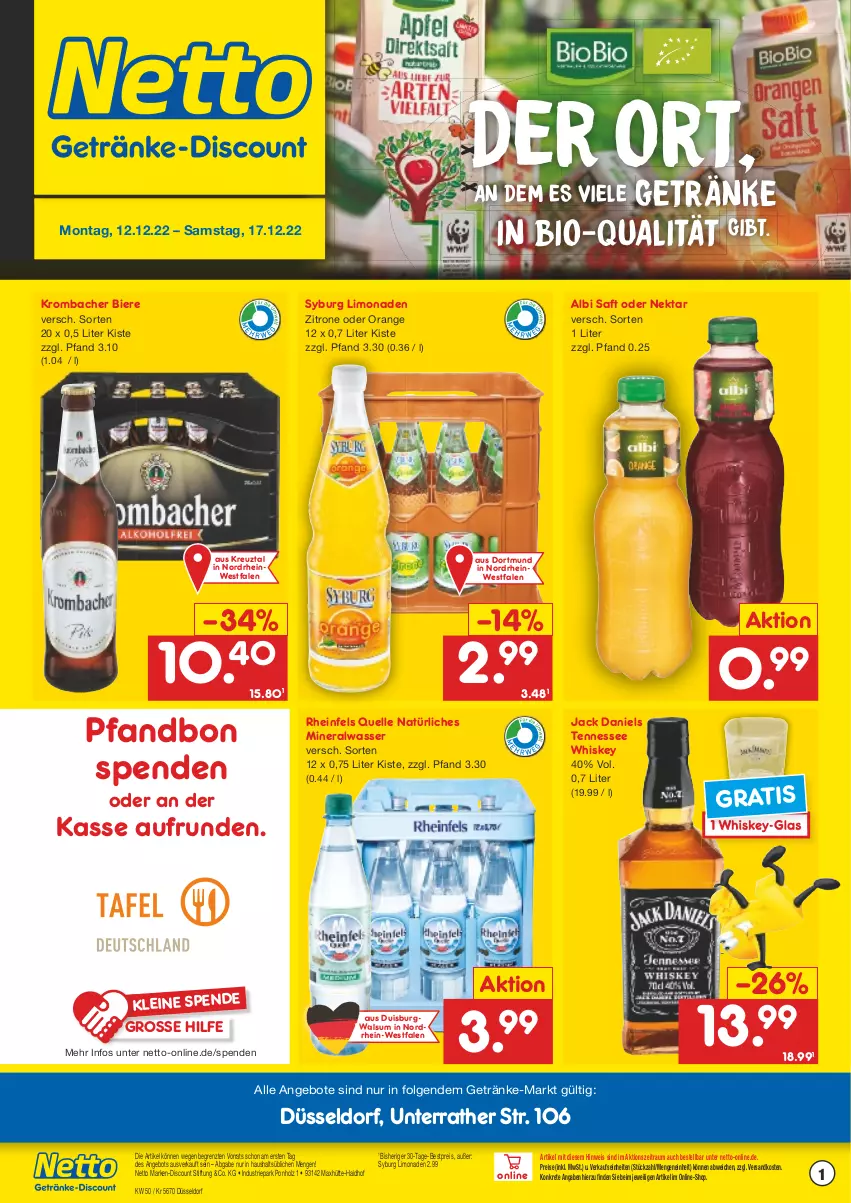 Aktueller Prospekt Netto Marken-Discount - Getränkemarkt in deiner Nähe - von 15.03.2021 bis 17.12.2022 - strona 1 - produkty: Alwa, angebot, angebote, bestpreis, bier, Biere, bio, discount, eis, elle, getränk, getränke, Holz, jack daniel, jack daniels, krombache, krombacher, leine, LG, limo, limonade, limonaden, marken-discount, mineralwasser, natürliches mineralwasser, ndk, Nektar, orange, reis, rheinfels quelle, saft, tennessee whiskey, Ti, wasser, whiskey, zitrone, ZTE