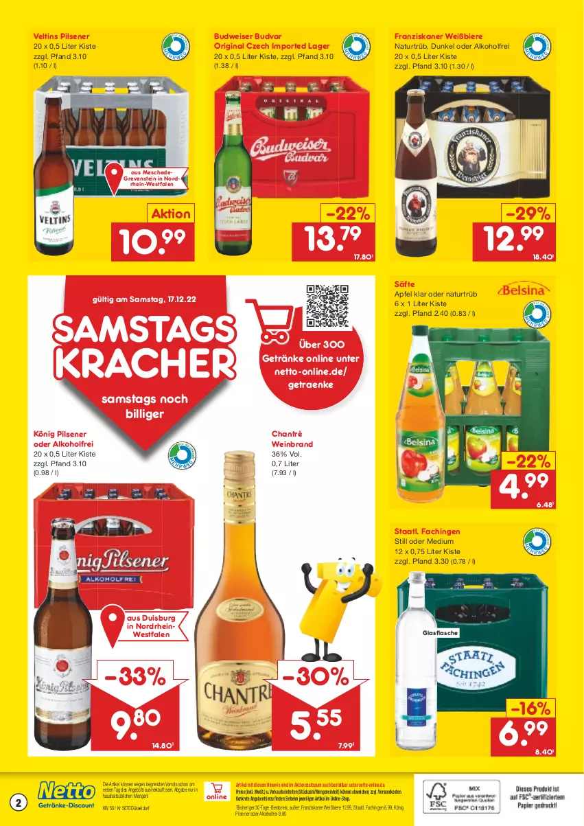 Aktueller Prospekt Netto Marken-Discount - Getränkemarkt in deiner Nähe - von 15.03.2021 bis 17.12.2022 - strona 2 - produkty: alkohol, angebot, apfel, bestpreis, bier, Biere, budweiser, eis, flasche, franziskaner, getränk, getränke, gin, glasflasche, könig pilsener, kracher, natur, ndk, pils, pilsener, reis, säfte, Staatl. Fachingen, Ti, veltins, veltins pilsener, wein, weinbrand, ZTE