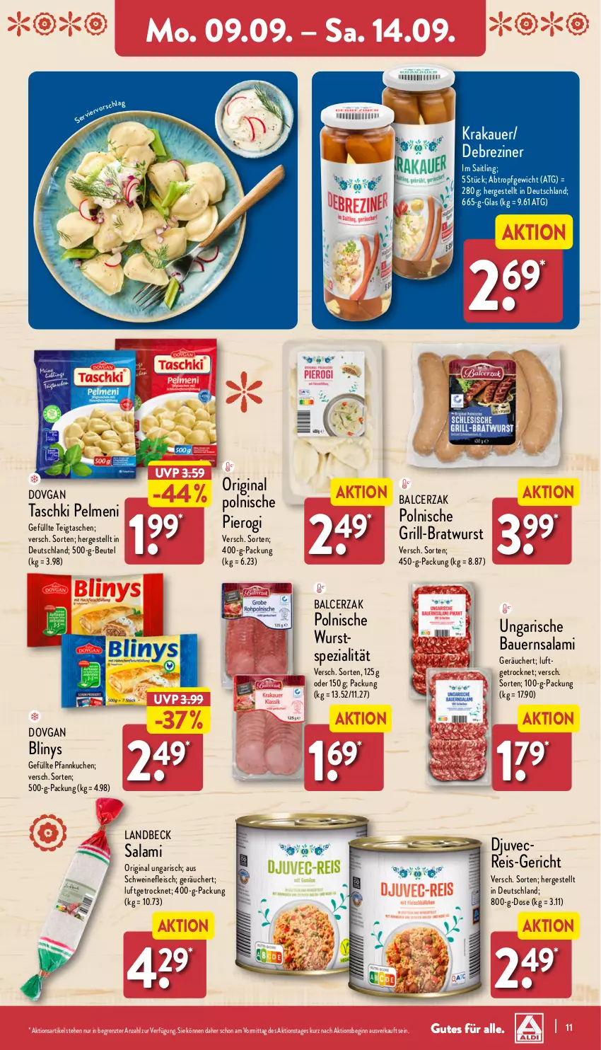 Aktueller Prospekt Aldi Nord - Von Montag - von 09.09 bis 14.09.2024 - strona 11 - produkty: auer, Bau, Bauer, beutel, bratwurst, Debreziner, Djuvec, dovgan, eis, fleisch, gin, grill, krakauer, kuchen, pelmeni, Pfannkuchen, Pierogi, reis, salami, schwein, schweine, schweinefleisch, Spezi, Tasche, taschen, taschki, Ti, wein, weine, wurst, ZTE