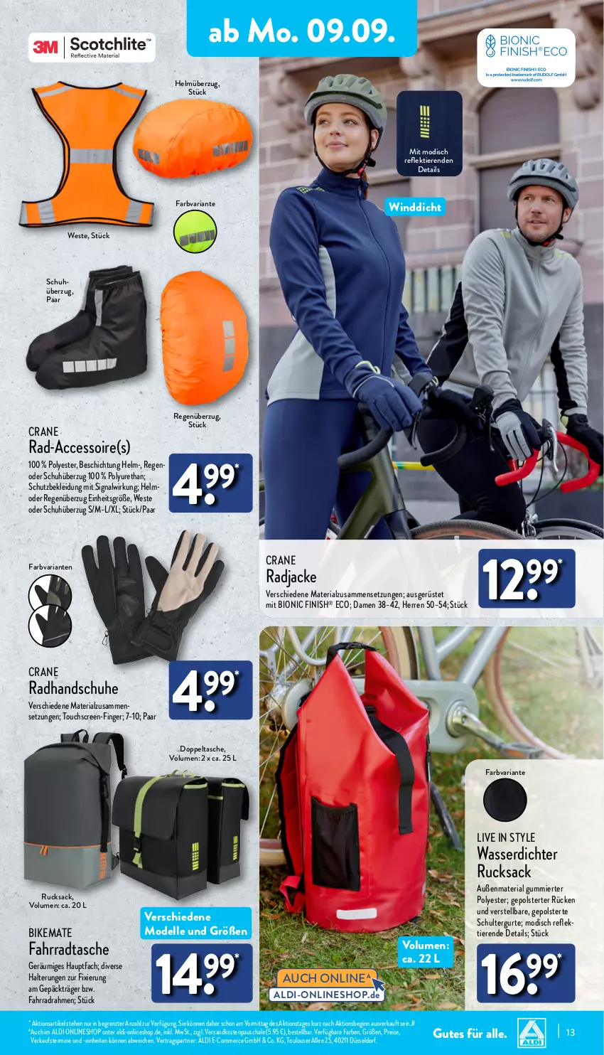 Aktueller Prospekt Aldi Nord - Von Montag - von 09.09 bis 14.09.2024 - strona 13 - produkty: ACC, aldi, bio, dell, eis, elle, Fahrrad, Fahrradtasche, Finish, gin, handschuhe, Jacke, kleid, Kleidung, Mode, ndk, reis, Ria, rucksack, sac, Schal, Schale, schuhe, schultergurt, Signal, Tasche, Ti, Tiere, touchscreen, wasser, Weste, ZTE