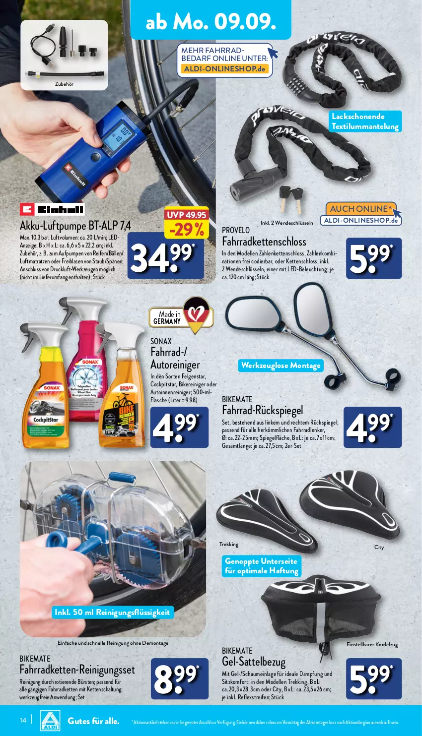 Aktueller Prospekt Aldi Nord - Von Montag - von 09.09 bis 14.09.2024 - strona 14 - produkty: akku, aldi, auto, beleuchtung, bürste, bürsten, dell, elle, Fahrrad, felgen, flasche, Germ, gin, Kette, lack, led-beleuchtung, LG, luftmatratze, Mantel, matratze, matratzen, mit led-beleuchtung, Mode, passend für alle, reifen, reiniger, Reinigung, rum, sattel, Schal, sonax, spiegel, Ti, Tiere, werkzeug, werkzeuge, ZTE