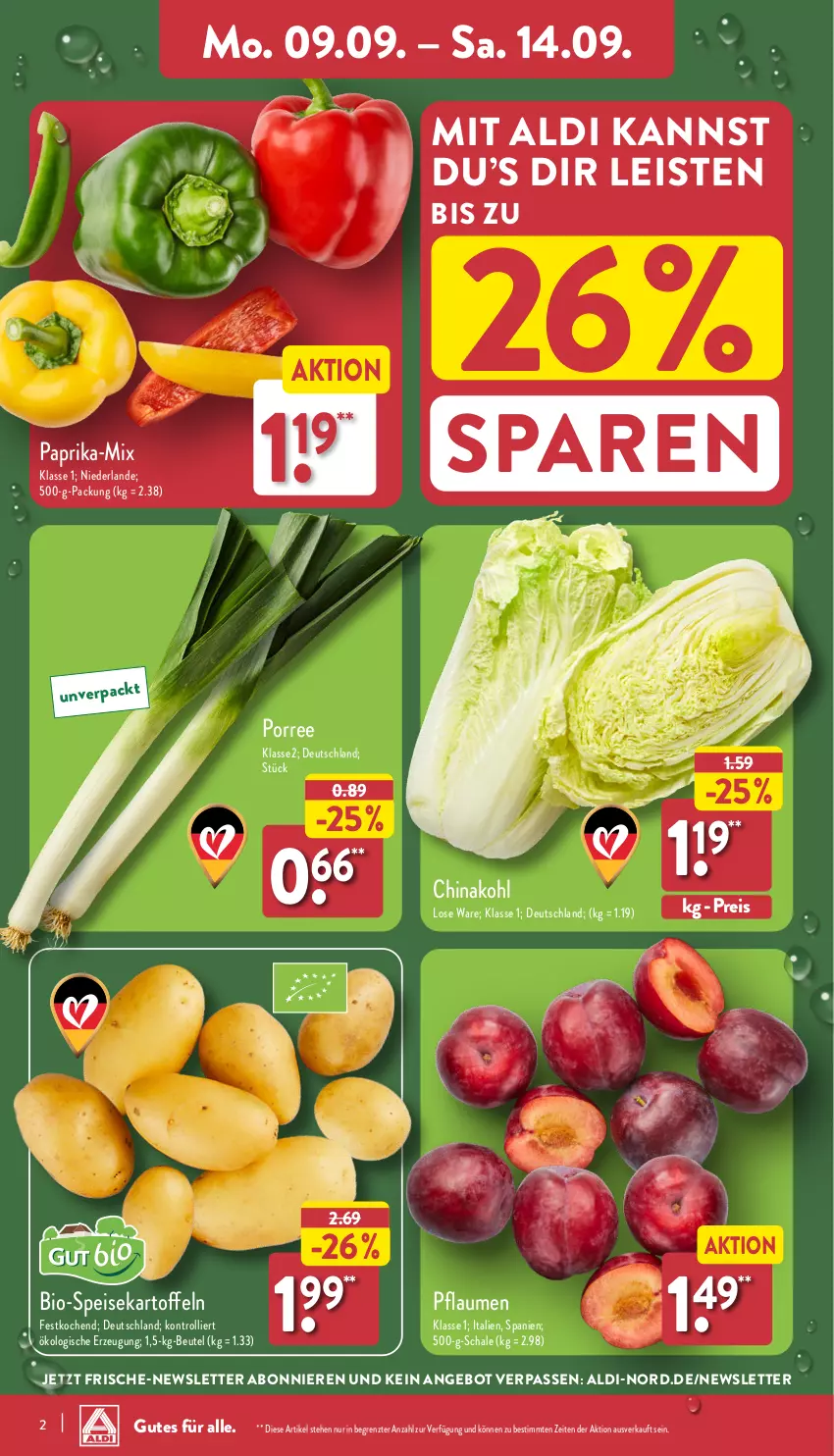 Aktueller Prospekt Aldi Nord - Von Montag - von 09.09 bis 14.09.2024 - strona 2 - produkty: aldi, angebot, beutel, bio, eis, kartoffel, kartoffeln, paprika, pflaume, pflaumen, reis, Schal, Schale, speisekartoffeln, Ti, trolli, ZTE