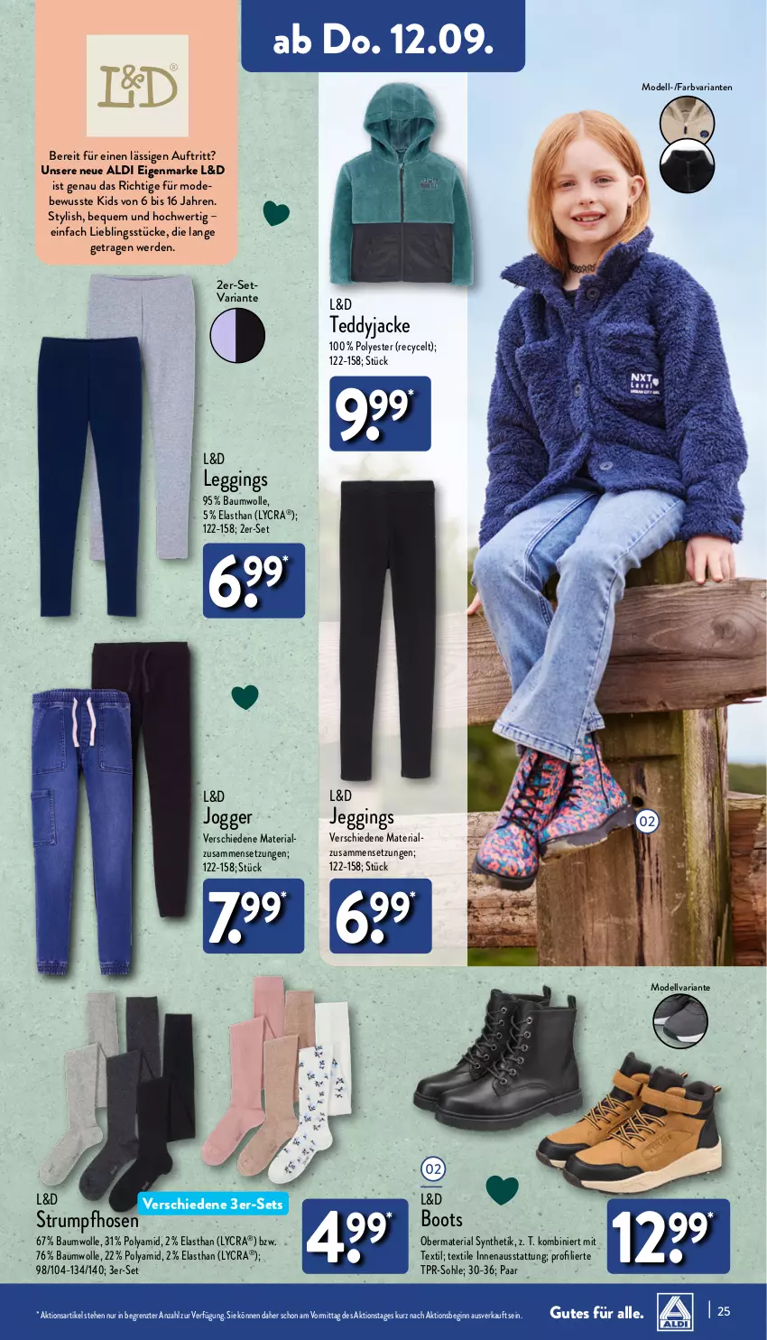 Aktueller Prospekt Aldi Nord - Von Montag - von 09.09 bis 14.09.2024 - strona 25 - produkty: aldi, Bau, baumwolle, dell, erde, gin, hose, hosen, Jacke, leggings, Mode, obermaterial synthetik, Ria, rum, Strumpfhose, Ti, wolle, ZTE