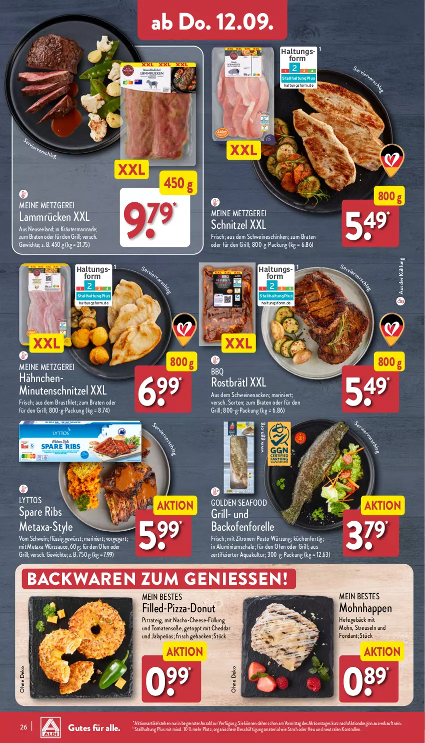 Aktueller Prospekt Aldi Nord - Von Montag - von 09.09 bis 14.09.2024 - strona 26 - produkty: aqua, backofen, backwaren, braten, brustfilet, cheddar, Donut, Elan, elle, filet, forelle, geback, gewürz, gin, grill, Hefe, Heu, jalapeño, kräuter, küche, Küchen, lamm, Lammrücken, marinade, Metaxa, minutenschnitzel, nacho, Ofen, pesto, pizza, Pizzateig, rel, Ria, sauce, Schal, Schale, schinken, schnitzel, schwein, schweine, schweinenacken, Soße, spare ribs, Ti, tomate, tomaten, wein, weine, würzsauce, zitrone, zitronen, ZTE