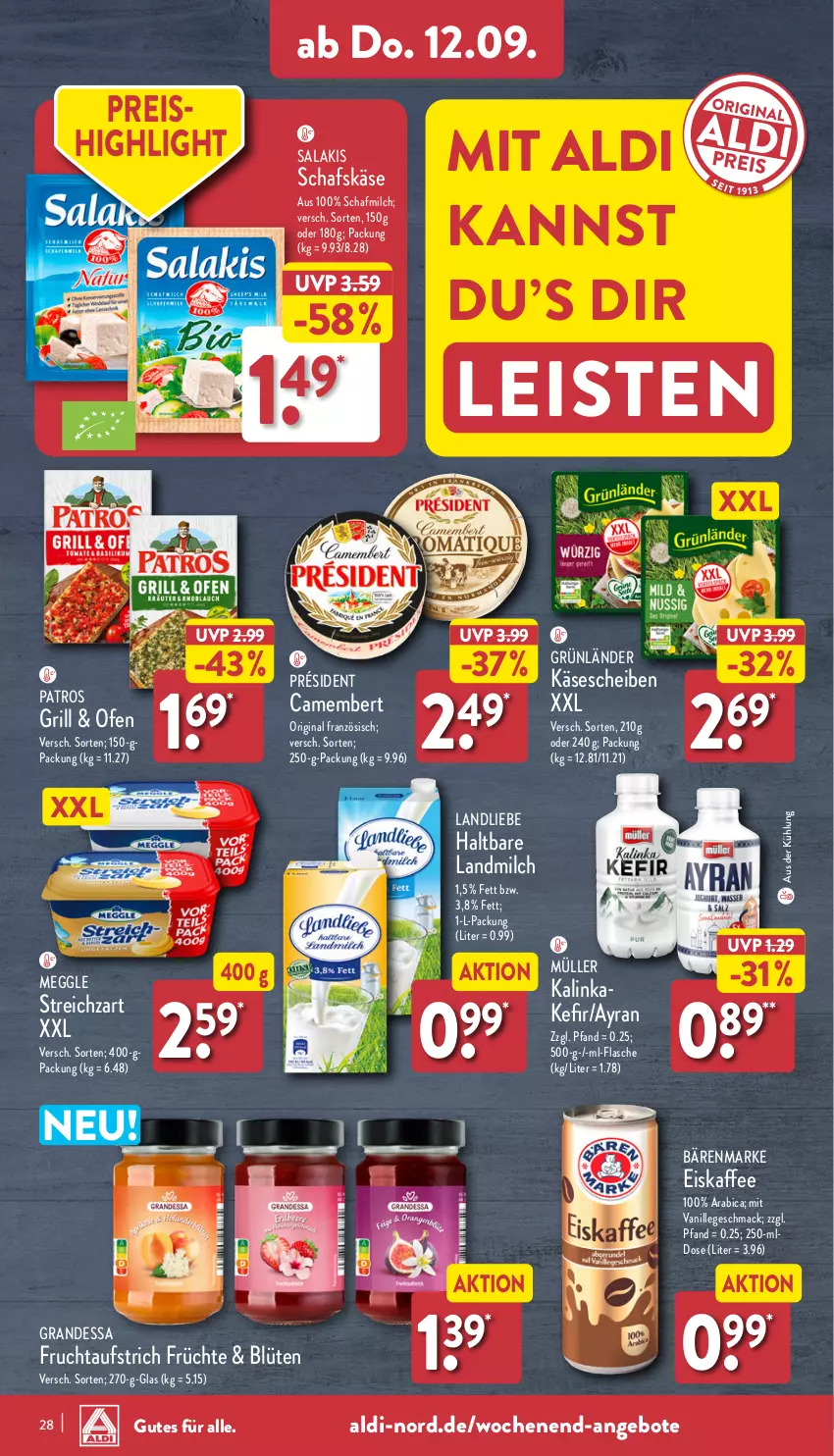 Aktueller Prospekt Aldi Nord - Von Montag - von 09.09 bis 14.09.2024 - strona 28 - produkty: aldi, angebot, angebote, aufstrich, Ayran, bärenmarke, Blüte, camembert, eis, eiskaffee, flasche, frucht, fruchtaufstrich, früchte, gin, grandessa, grill, grünländer, kaffee, Käse, käsescheiben, Kefir, landliebe, landmilch, mac, meggle, milch, Müller, Ofen, patros, reis, salakis, schafskäse, Streichzart, Ti, vanille