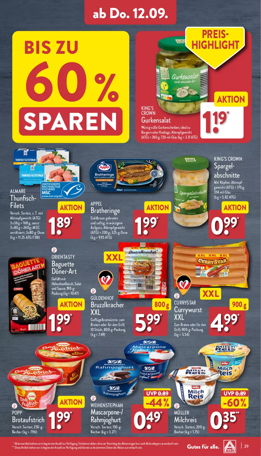 Aktueller Prospekt Aldi Nord - Von Montag - von 09.09 bis 14.09.2024 - strona 29 - produkty: almare, aufstrich, baguette, Becher, braten, Bratheringe, braun, brot, brotaufstrich, burger, curry, currywurst, eis, filet, filets, fisch, fleisch, Geflügel, gin, grill, gurke, gurken, gurkensalat, Hähnchenfleisch, hering, joghur, joghurt, kracher, mascarpone, milch, milchreis, Müller, Popp, rahmjoghurt, reis, ring, saft, salat, sauce, spargel, thunfisch, Ti, weihenstephan, wurst, ZTE