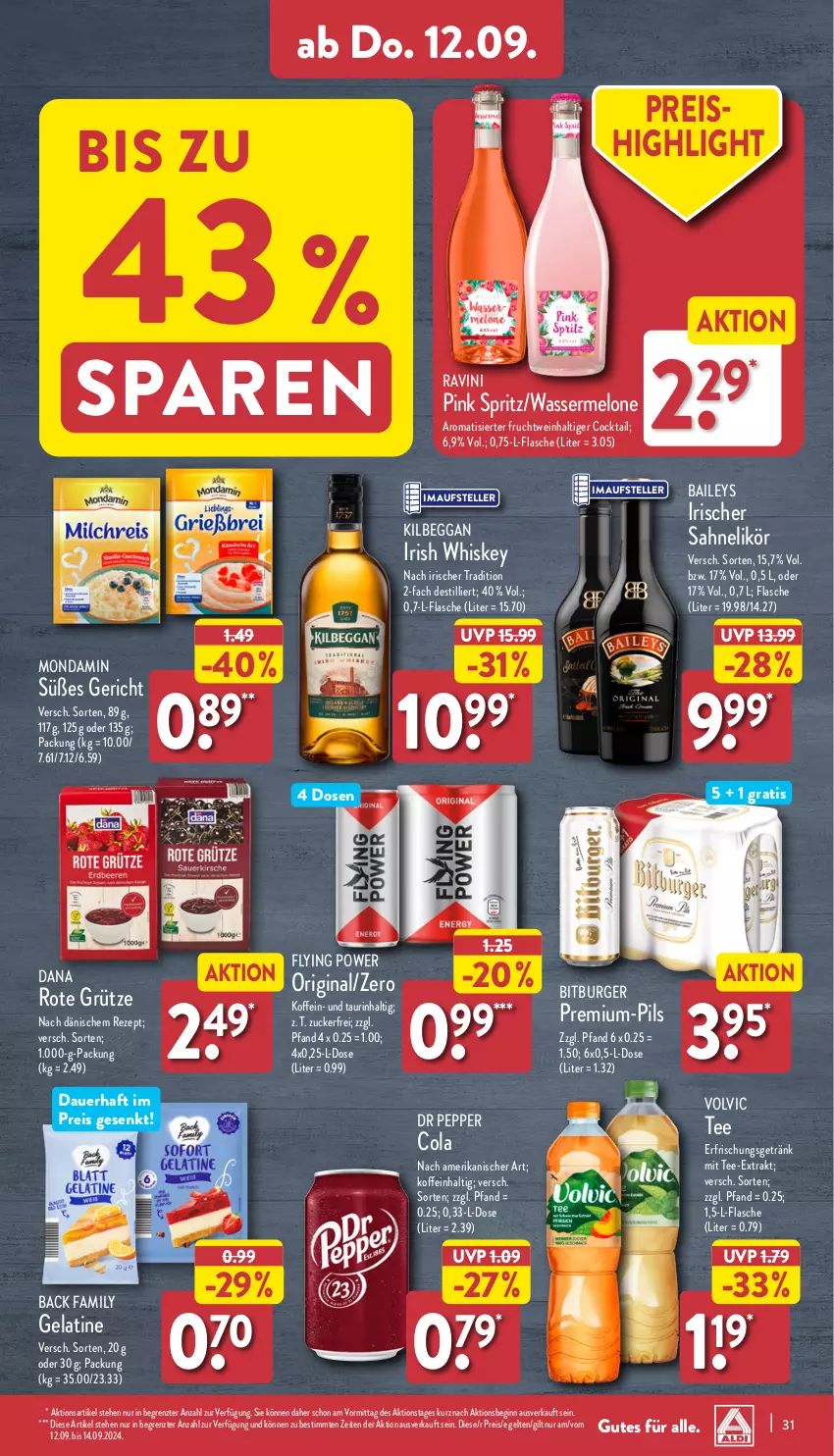 Aktueller Prospekt Aldi Nord - Von Montag - von 09.09 bis 14.09.2024 - strona 31 - produkty: auer, baileys, bitburger, burger, cocktail, cola, eis, elle, erfrischungsgetränk, flasche, frucht, gelatine, getränk, gin, grütze, irish whiskey, kilbeggan, likör, melone, mondamin, pils, reis, rezept, Rote Grütze, sahne, tee, teller, Ti, volvic, wasser, wassermelone, wein, whiskey, ZTE, zucker