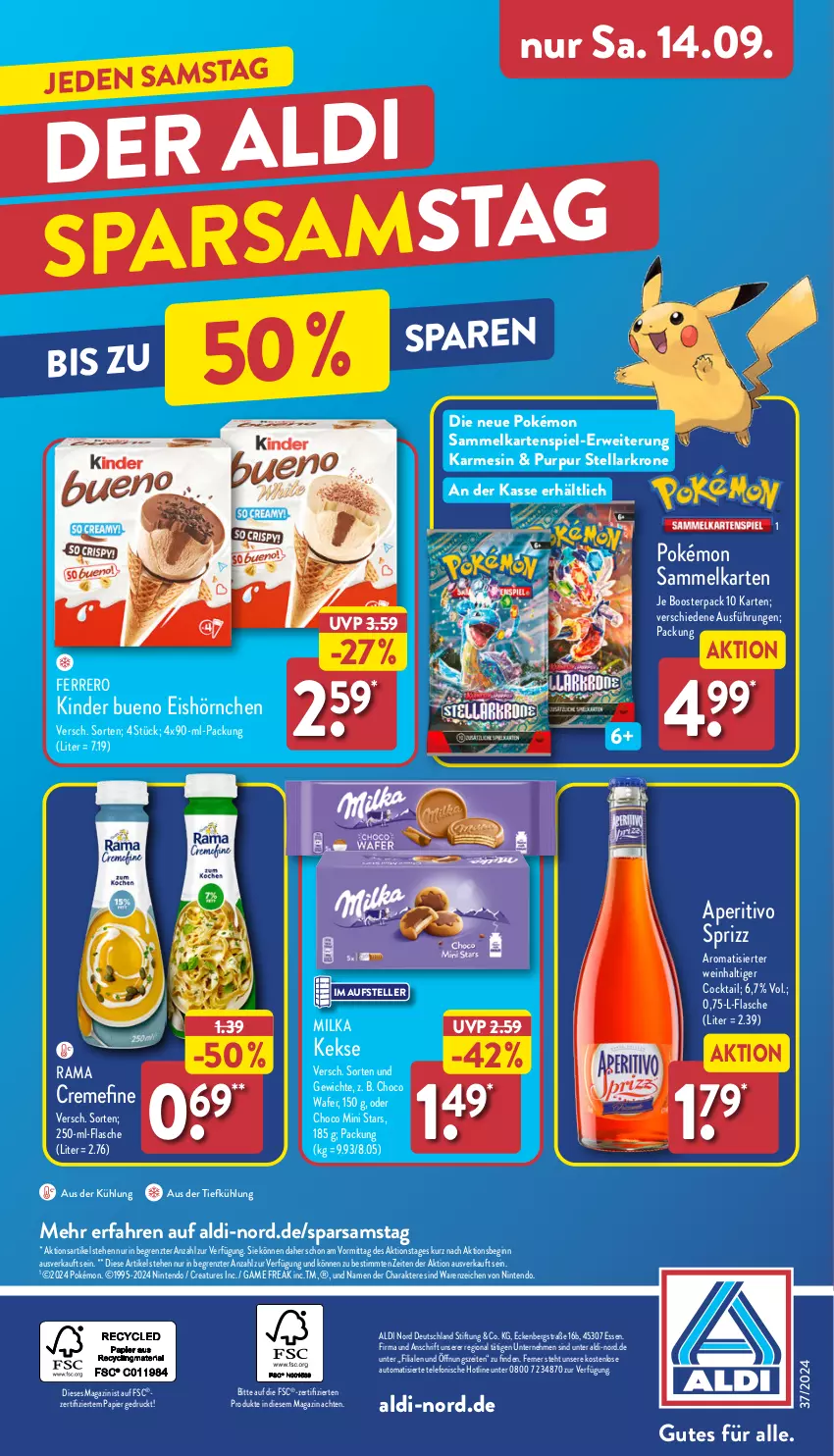 Aktueller Prospekt Aldi Nord - Von Montag - von 09.09 bis 14.09.2024 - strona 38 - produkty: aldi, aus der tiefkühlung, auto, cocktail, creme, eis, elle, ferrero, flasche, gin, hörnchen, Kartenspiel, keks, kekse, Kinder, kinder bueno, krone, magazin, milka, nintendo, papier, rama, rama cremefine, rwe, Sprizz, telefon, teller, Ti, wein, ZTE