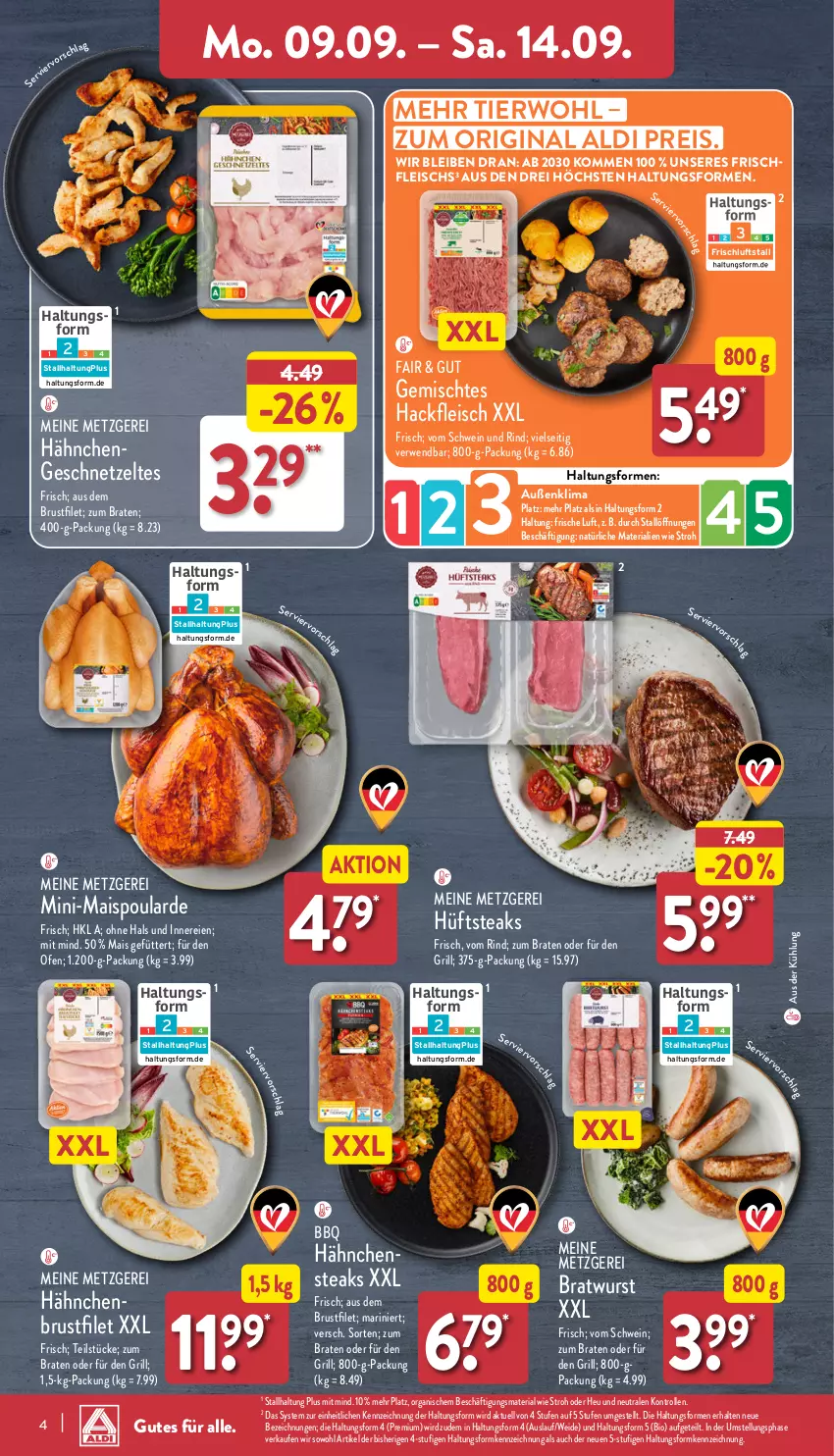 Aktueller Prospekt Aldi Nord - Von Montag - von 09.09 bis 14.09.2024 - strona 4 - produkty: aldi, bio, braten, bratwurst, brustfilet, eis, filet, fleisch, geschnetzeltes, gin, grill, hackfleisch, hähnchenbrust, hähnchenbrustfilet, Hähnchengeschnetzeltes, Heu, hüftsteak, hüftsteaks, mais, Ofen, reis, Ria, rind, rwe, schwein, schwein und rind, steak, steaks, Ti, vom schwein und rind, wein, wurst, Zelt