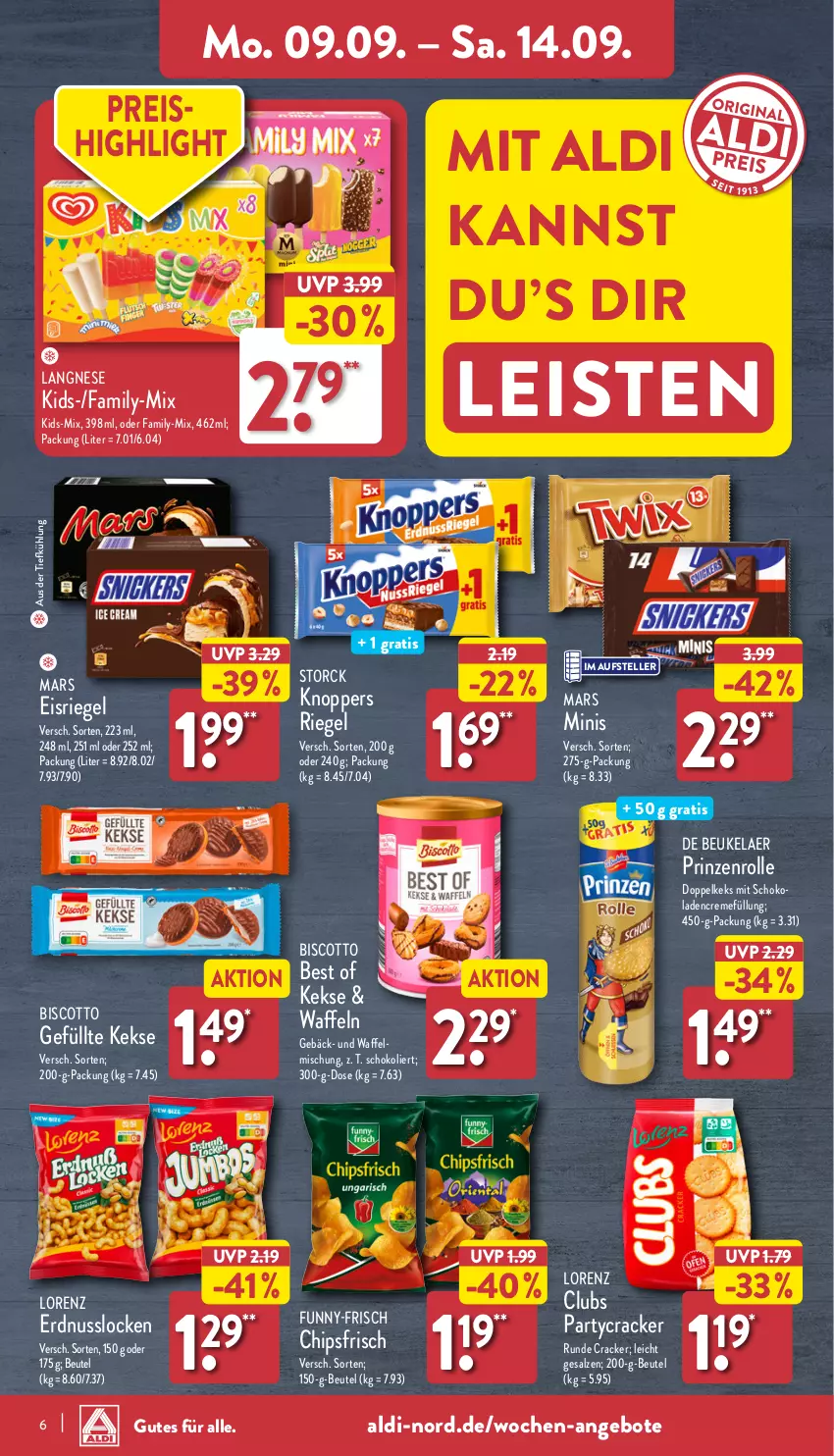 Aktueller Prospekt Aldi Nord - Von Montag - von 09.09 bis 14.09.2024 - strona 6 - produkty: aldi, angebot, angebote, aus der tiefkühlung, beutel, biscotto, chips, chipsfrisch, cracker, creme, de beukelaer, eis, Eisriegel, elle, erdnuss, funny-frisch, keks, kekse, knoppers, langnese, lorenz, mars, nuss, prinzenrolle, reis, riegel, salz, schoko, schokolade, schokoladen, storck, teller, Ti, waffeln