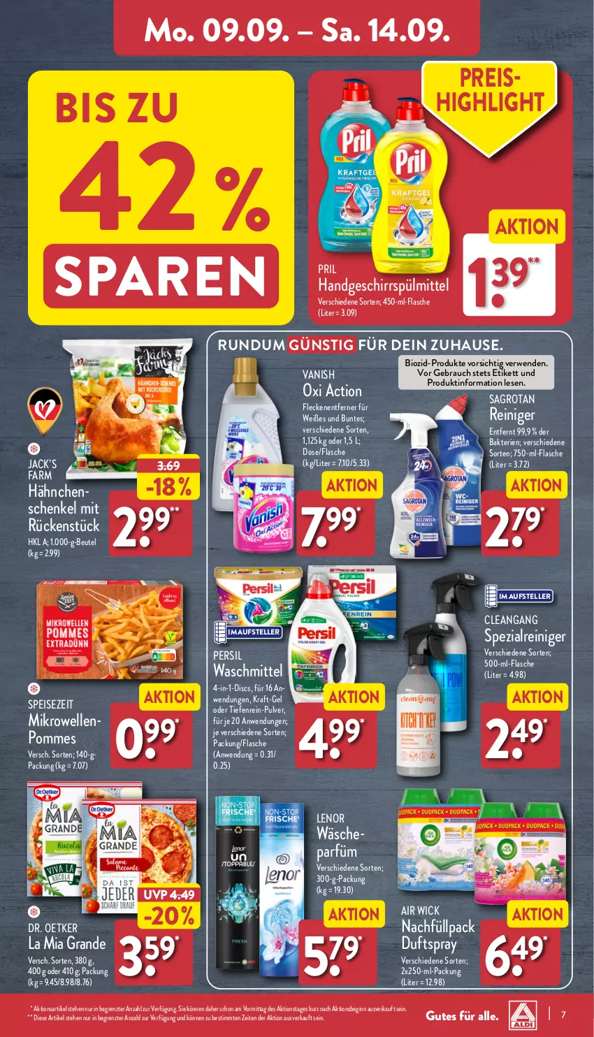 Aktueller Prospekt Aldi Nord - Von Montag - von 09.09 bis 14.09.2024 - strona 7 - produkty: Air Wick, beutel, bio, Dr. Oetker, Duftspray, eis, elle, flasche, Fleckenentferner, geschirr, geschirrspülmittel, gin, hähnchenschenkel, henkel, kraft, lenor, mikrowelle, oxi action, persil, persil waschmittel, pommes, pril, Rauch, reiniger, reis, rwe, sagrotan, schenkel, Spezi, spülmittel, teller, Ti, vanish, vanish oxi action, wäscheparfüm, waschmittel, WICK, ZTE