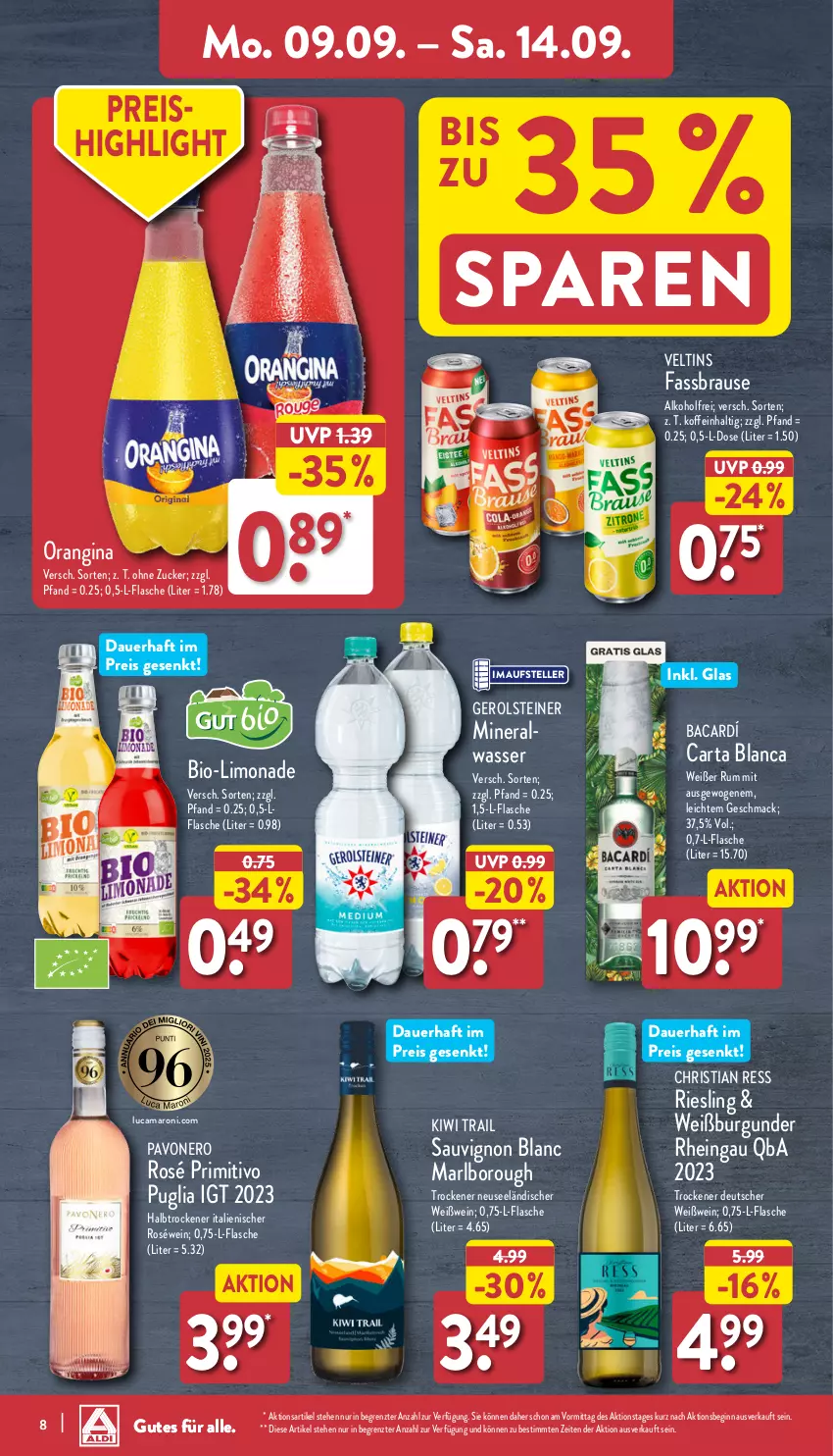 Aktueller Prospekt Aldi Nord - Von Montag - von 09.09 bis 14.09.2024 - strona 8 - produkty: alkohol, Alwa, amaro, auer, bio, brause, burgunder, eis, elle, fassbrause, flasche, gerolsteine, gerolsteiner, gin, kiwi, limo, limonade, mac, mineralwasser, nero, orangina, primitivo, reis, riesling, roséwein, rum, sauvignon, sauvignon blanc, steiner, teller, Ti, veltins, wasser, wein, Weißburgunder, Weißwein, ZTE, zucker