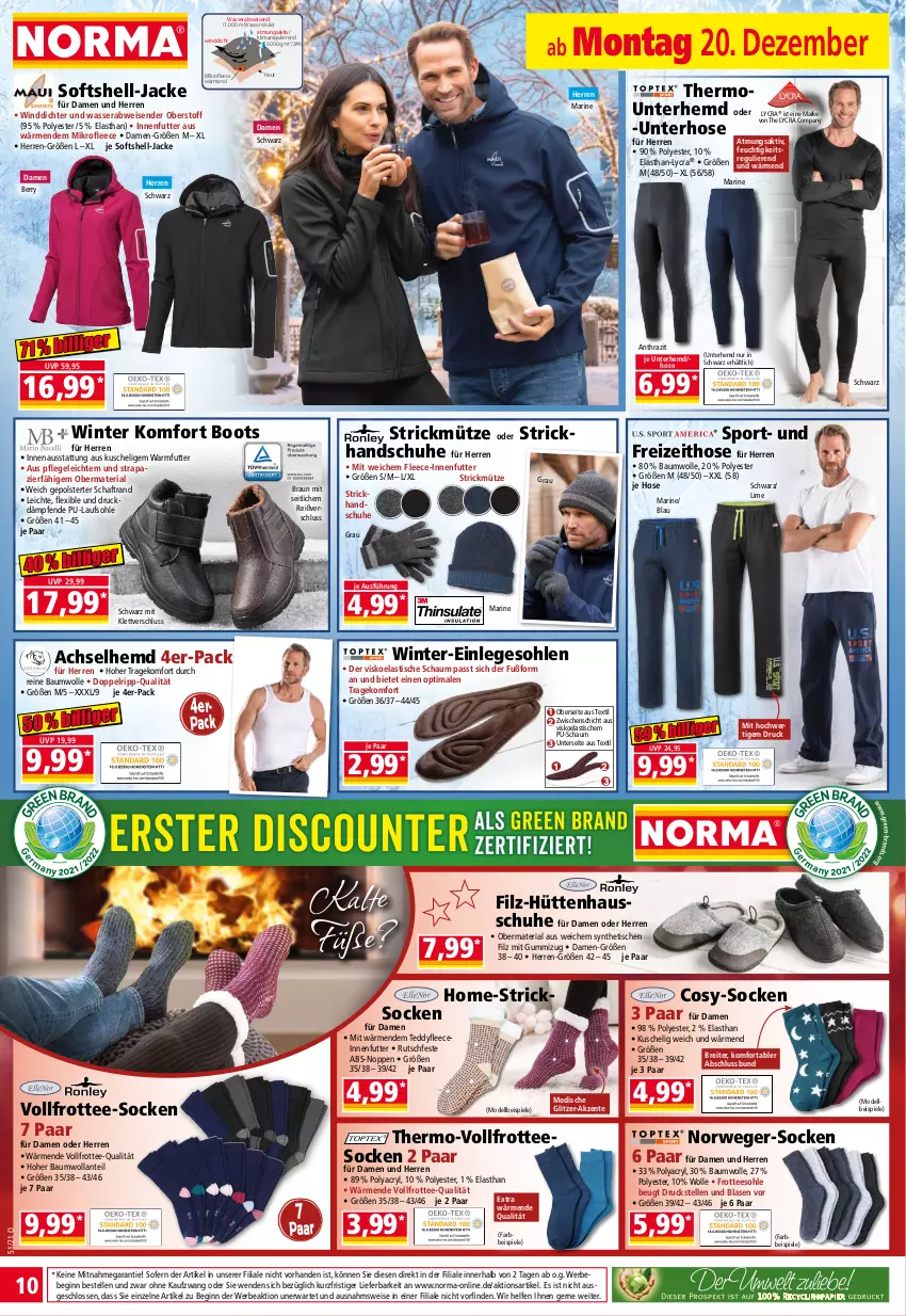 Aktueller Prospekt Norma - Norma - von 20.12 bis 27.12.2021 - strona 10 - produkty: achselhemd, asti, Bau, baumwolle, Bebe, braun, Brei, dell, eis, elle, ente, Frottee-Socken, gin, handschuhe, Hausschuhe, hemd, hose, Jacke, Mode, Mütze, reine baumwolle, Ria, rwe, schuhe, socken, Softshell-Jacke, Spiele, Sport, tee, Ti, tisch, Unterhemd, wasser, wolle