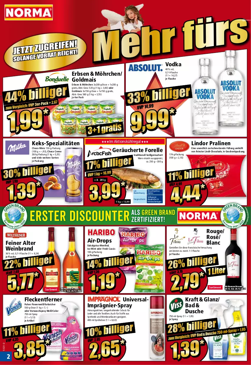 Aktueller Prospekt Norma - Norma - von 20.12 bis 27.12.2021 - strona 2 - produkty: aqua, Bad, cassis, cola, creme, dusche, eis, elle, erbsen, flasche, fleckentferner, forelle, geschenkpackung, Goldmais, keks, kraft, kühlregal, lindor, lindt, mais, mint, pralinen, regal, reis, rel, rouge, rwe, sac, Spezi, tender, Ti, vodka, wasser, wein, weinbrand