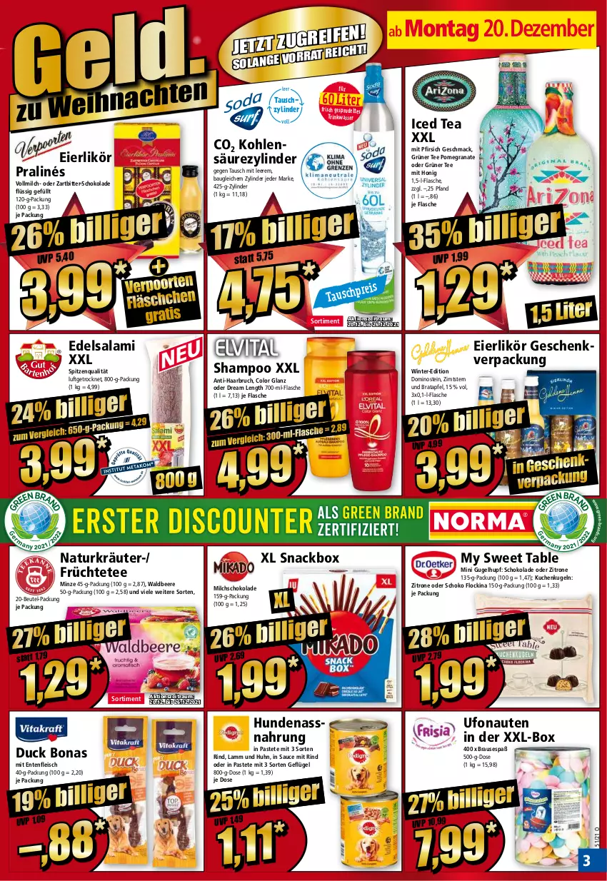 Aktueller Prospekt Norma - Norma - von 20.12 bis 27.12.2021 - strona 3 - produkty: apfel, Bau, beere, beutel, Bona, brause, Duck, Edelsalami, eier, eierlikör, eis, ente, flasche, fleisch, früchte, Früchtetee, Geflügel, grana, grüner tee, honig, kräuter, kuchen, Kugel, lamm, likör, mac, milch, minze, my sweet table, Nassnahrung, natur, pastete, pfirsich, Rana, reis, rind, salami, sauce, schoko, schokolade, shampoo, snack, spitzenqualität, Sprudel, tee, Ti, vollmilch, wasser, zitrone