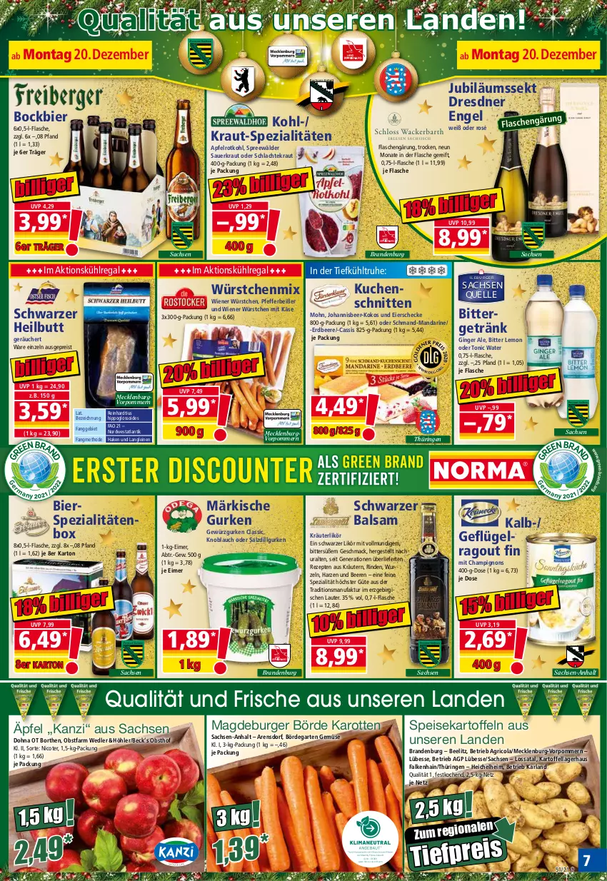 Aktueller Prospekt Norma - Norma - von 20.12 bis 27.12.2021 - strona 7 - produkty: apfel, arla, auer, balsam, beere, beeren, bier, bierspezialitäten, bitter lemon, burger, cassis, champignon, champignons, cola, eier, eimer, eis, elle, Engel, erdbeere, Faktu, flasche, Garten, Geflügel, getränk, gewürz, Gewürzgurke, gewürzgurken, gin, ginger, ginger ale, gurke, gurken, hipp, Jubiläums, karotten, kartoffel, kartoffeln, Käse, knoblauch, kokos, Kraut, kräuter, kräuterlikör, kräutern, kuchen, Kuchenschnitte, kühlregal, leine, LG, likör, mac, mandarine, obst, pfeffer, Pfefferbeißer, Ragout, regal, reis, rezept, rezepte, Ricola, rind, ring, rotkohl, sac, salz, Sauerkraut, schmand, schnitten, sekt, speisekartoffeln, Spezi, spreewälder, Ti, tiefpreis, tonic, tonic water, wiener, wiener würstchen, würstchen