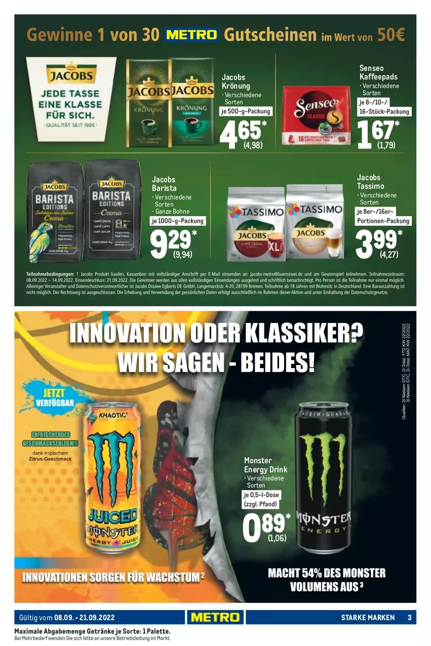 Aktueller Prospekt Metro - Starke Marken - von 08.09 bis 21.09.2022 - strona 3 - produkty: bohne, drink, energy drink, getränk, getränke, jacobs, jacobs krönung, jacobs tassimo, kaffee, kaffeepads, monster, Monster Energy, Palette, senseo, sim, tassimo, Ti