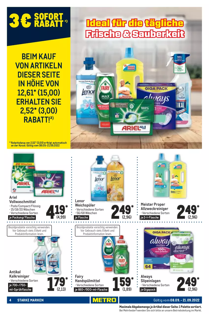 Aktueller Prospekt Metro - Starke Marken - von 08.09 bis 21.09.2022 - strona 4 - produkty: allzweckreiniger, Alwa, Always, ariel, auto, eis, fairy, flasche, Kalkreiniger, lenor, lenor weichspüler, LG, Meister, meister proper, Palette, Pods, reiniger, slip, slipeinlagen, sprühflasche, spülmittel, Ti, tisch, vollwaschmittel, waschmittel, weck, weichspüler