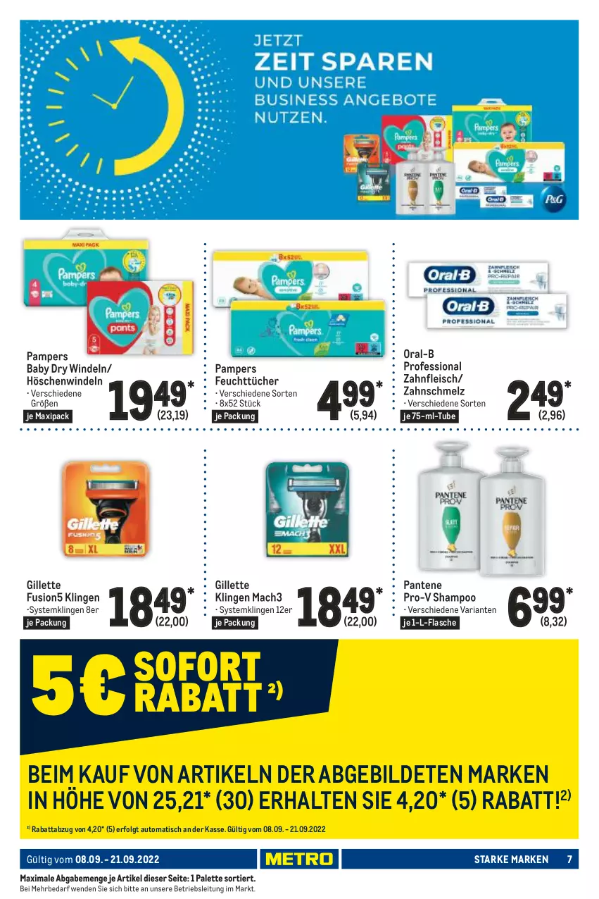 Aktueller Prospekt Metro - Starke Marken - von 08.09 bis 21.09.2022 - strona 7 - produkty: auto, eis, feuchttücher, flasche, fleisch, fusion5, gillette, LG, mac, mach3, oral-b, Palette, pampers, pampers baby dry, pantene, pantene pro-v, pro-v, Ria, shampoo, Systemklingen, Ti, tisch, tücher, windeln