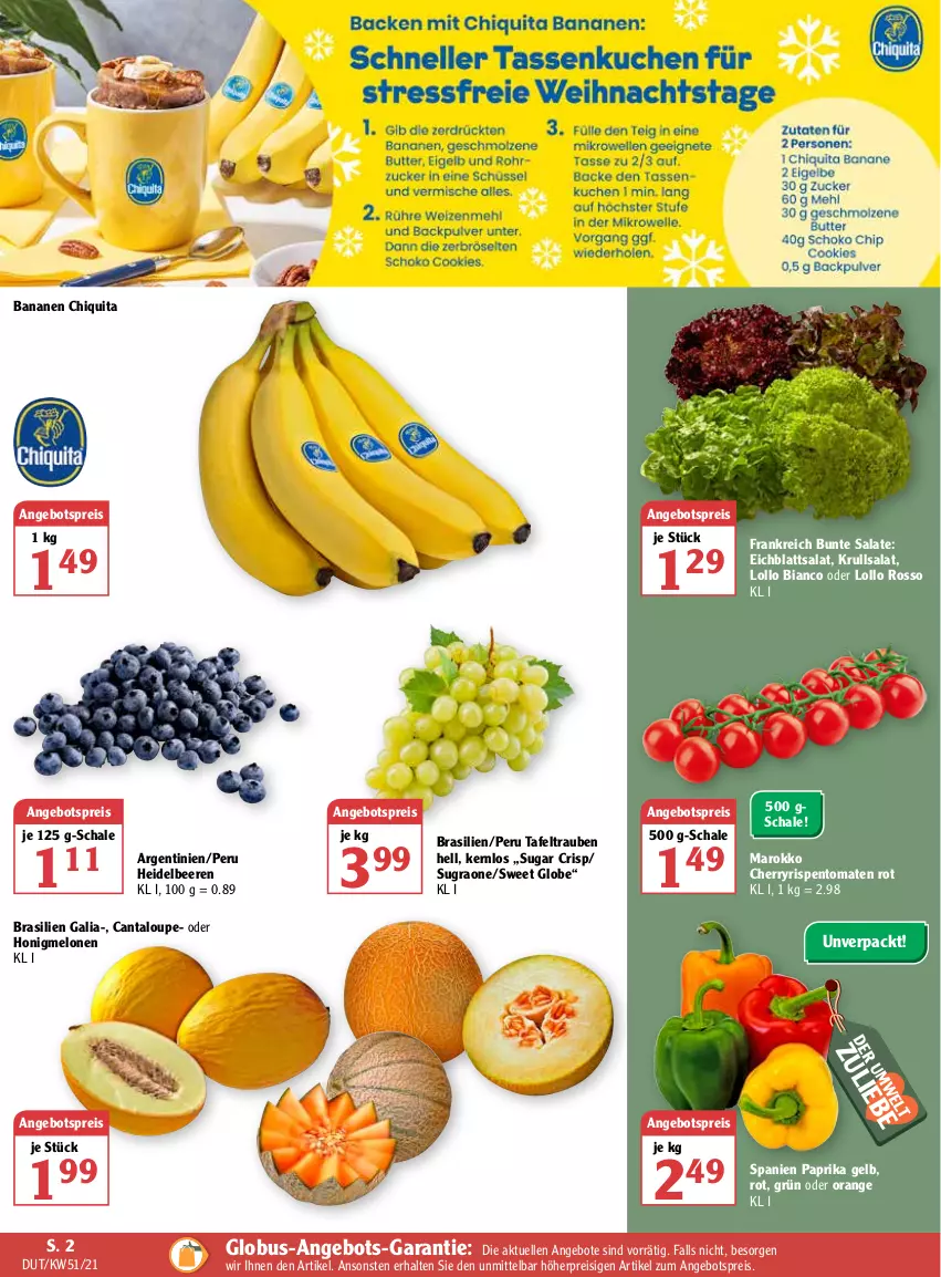 Aktueller Prospekt Globus - Prospekte - von 20.12 bis 25.12.2021 - strona 10 - produkty: angebot, angebote, angebotspreis, banane, bananen, beere, beeren, bunte salate, chiquita, Eichblattsalat, eis, elle, heidelbeere, heidelbeeren, honig, honigmelone, honigmelonen, melone, melonen, orange, paprika, reis, rispentomaten, salat, salate, Schal, Schale, tafeltrauben, Ti, tomate, tomaten, trauben