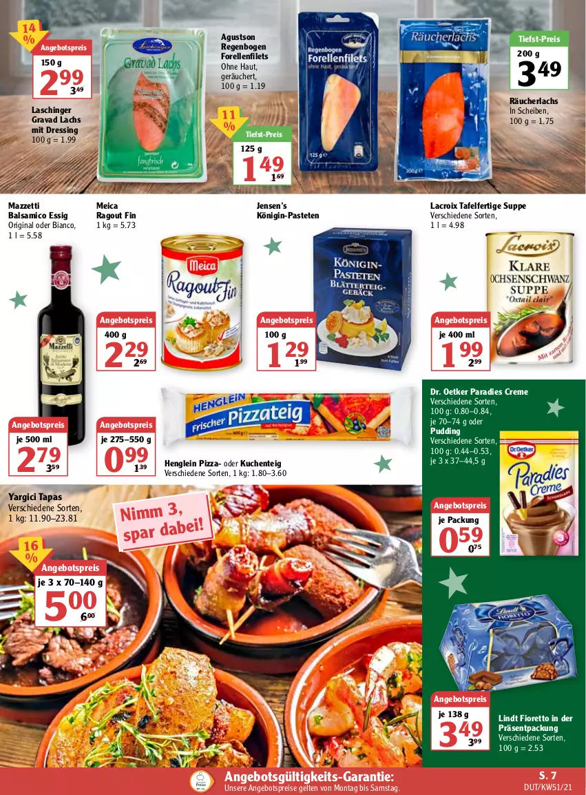 Aktueller Prospekt Globus - Prospekte - von 20.12 bis 25.12.2021 - strona 15 - produkty: angebot, angebotspreis, balsam, balsamico, Balsamico Essig, creme, Dr. Oetker, dressing, eis, elle, ente, essig, filet, filets, forelle, gin, henglein, Königin-Pasteten, kuchen, lachs, lindt, meica, Paradies Creme, pastete, pizza, pudding, Ragout, Räucherlachs, reis, rel, suppe, Tapas, Ti, tiefst-preis