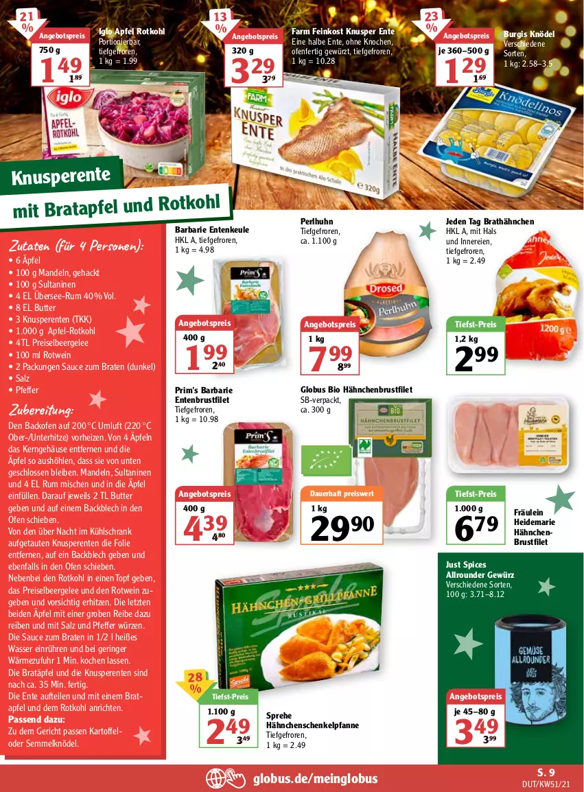 Aktueller Prospekt Globus - Prospekte - von 20.12 bis 25.12.2021 - strona 17 - produkty: angebot, angebotspreis, Anrichte, apfel, auer, backofen, bio, braten, brustfilet, butter, eis, ente, Entenbrust, Entenkeule, feinkost, filet, gelee, gewürz, hähnchenbrust, hähnchenbrustfilet, hähnchenschenkel, henkel, iglo, kartoffel, Knödel, kühlschrank, mandel, mandeln, Ofen, pfanne, pfeffer, reis, ring, rotkohl, rotwein, rum, salz, sauce, schenkel, Schrank, Semmel, Semmelknödel, Ti, tiefst-preis, topf, uhr, wasser, wein, ZTE