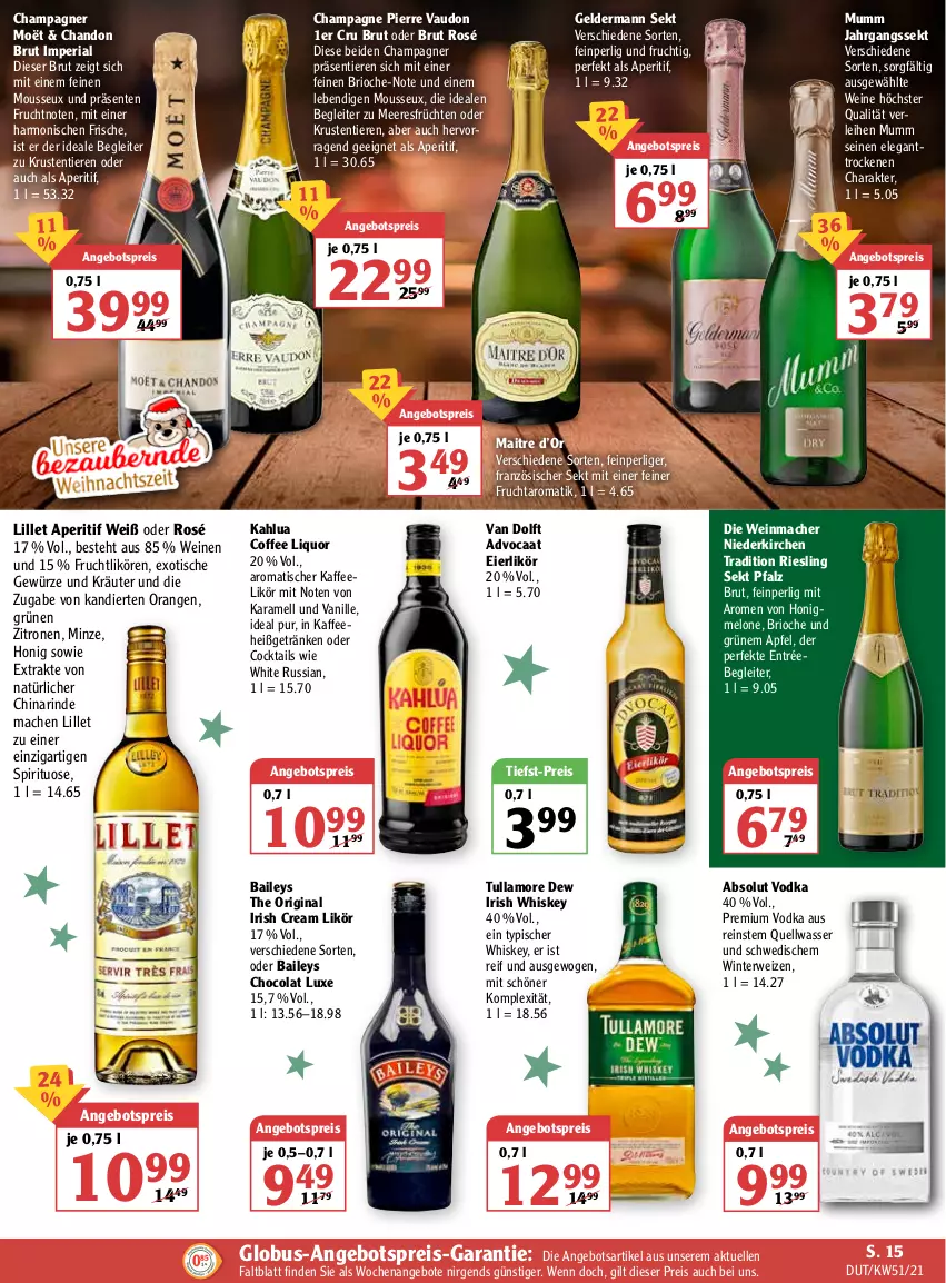 Aktueller Prospekt Globus - Prospekte - von 20.12 bis 25.12.2021 - strona 23 - produkty: Absolut Vodka, angebot, angebote, angebotspreis, aperitif, apfel, baileys, brut, champagne, champagner, cocktail, cocktails, cola, eier, eierlikör, eis, elle, ente, frucht, früchte, früchten, geldermann, getränk, getränke, gewürz, gin, honig, honigmelone, irish cream, irish whiskey, jahrgangssekt, kaffee, karamell, kräuter, likör, lillet, mac, meeresfrüchte, melone, minze, mousse, mumm, orange, orangen, premium vodka, reis, Ria, riesling, rind, rwe, sekt, Ti, tiefst-preis, Tiere, tisch, tullamore, tullamore dew, vanille, vodka, wasser, wein, weine, whiskey, zitrone, zitronen