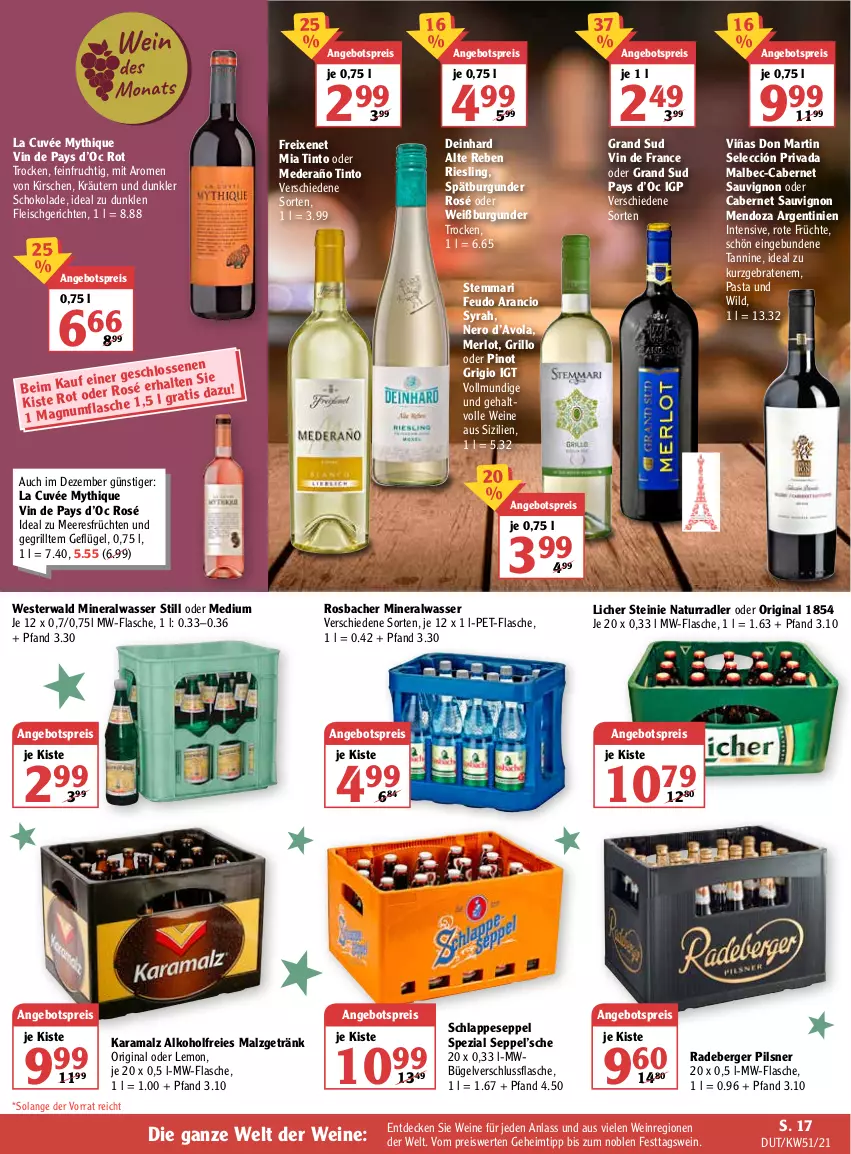 Aktueller Prospekt Globus - Prospekte - von 20.12 bis 25.12.2021 - strona 25 - produkty: alkohol, Alwa, angebot, angebotspreis, Berger, braten, bügel, burgunder, cabernet, cabernet sauvignon, cuvée, decke, eis, flasche, fleisch, freixenet, frucht, früchte, früchten, Geflügel, getränk, gin, grand sud, grill, grillo, gsw, karamalz, kirsch, kirsche, kirschen, kräuter, kräutern, malz, meeresfrüchte, merl, merlot, mineralwasser, Mineralwasser Still, mw-flasche, natur, nero, pasta, pet-flasche, pils, pilsner, Pinot, pinot grigio, radeberger, radeberger pilsner, radler, rama, reis, riesling, sauvignon, schoko, schokolade, spätburgunder, Spezi, Ti, vin de france, wasser, wein, weine, Weißburgunder, Weste, Wild