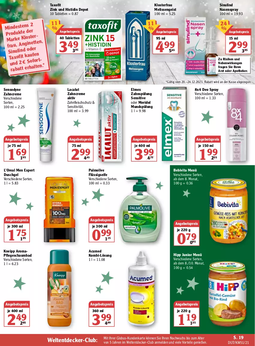 Aktueller Prospekt Globus - Prospekte - von 20.12 bis 25.12.2021 - strona 27 - produkty: angebot, angebotspreis, Apotheke, Bad, bebivita, creme, decke, deo, deo spray, duschgel, eis, elmex, fleisch, flüssigseife, hipp, kneipp, Lacalut, meridol, mundspülung, Nasenspray, olive, palmolive, reis, schaumbad, Seife, sensodyne, spülung, tablet, tablett, Tablette, Taxofit, Ti, vita, zahncreme