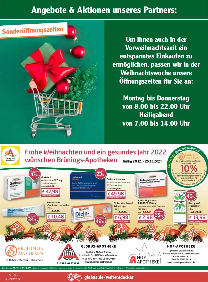 Aktueller Prospekt Globus - Prospekte - von 20.12 bis 25.12.2021 - strona 38 - produkty: angebot, angebote, Apotheke, Bepanthen, braun, coupon, decke, Diclo-Ratiopharm, eis, ente, gin, Ginkobil, Iberogast, Ofen, Orthomol, Ratiopharm, reis, rwe, saft, Sport, tablet, tablett, Tablette, Ti, uhr, weihnachten