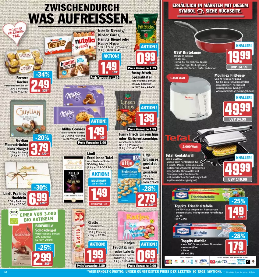 Aktueller Prospekt Hit - Prospekte - von 06.02 bis 11.02.2023 - strona 12 - produkty: ACC, aktionspreis, beutel, bio, bratpfanne, Brei, chips, cookie, cookies, eis, elle, erbsen, erdnüsse, ferrero, Ferrero Rocher, fleisch, frischhaltefolie, fritteuse, frucht, früchte, fruchtgummi, Funny Frisch, funny-frisch, giotto, grill, grillplatte, gsw, hanuta, herdarten, hipp, katjes, kichererbsen, Kinder, kontaktgrill, korb, küche, Kugel, Lakritz, latte, lebensmittel, Leuchte, lindt, Linex, linsen, meeresfrüchte, milka, Moulinex, nuss, nutella, oder lakritz, pfanne, reis, reiss, riegel, rouge, saft, säge, salz, Schal, Schale, schoko, Spezi, spülmaschinen, tefal, thermostat, Ti, Tiere, tisch, toppits, ültje, ültje erdnüsse, ZTE