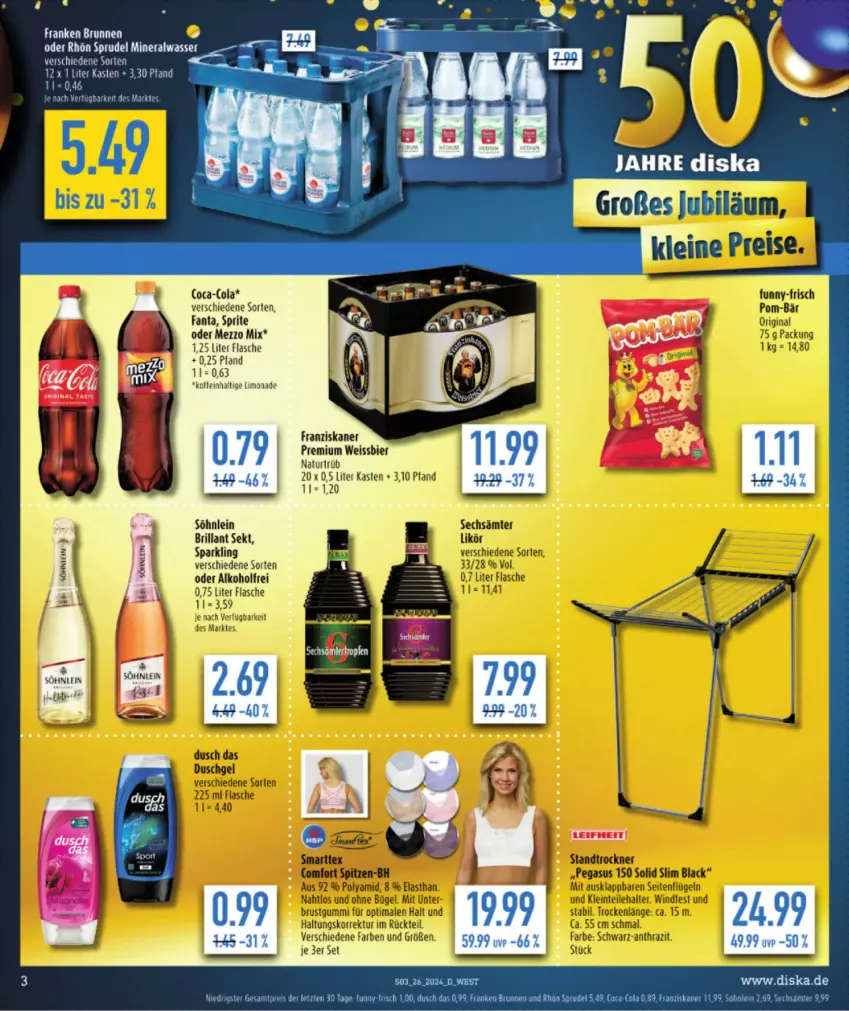 Aktueller Prospekt Diska - von 24.06 bis 29.06.2024 - strona 3 - produkty: alkohol, bier, Brei, brillant sekt, brunnen, coca-cola, cola, eis, fanta, flasche, franken brunnen, franziskaner, limo, limonade, natur, sekt, söhnlein, söhnlein brillant, sprite, Sprudel, Ti, weissbier