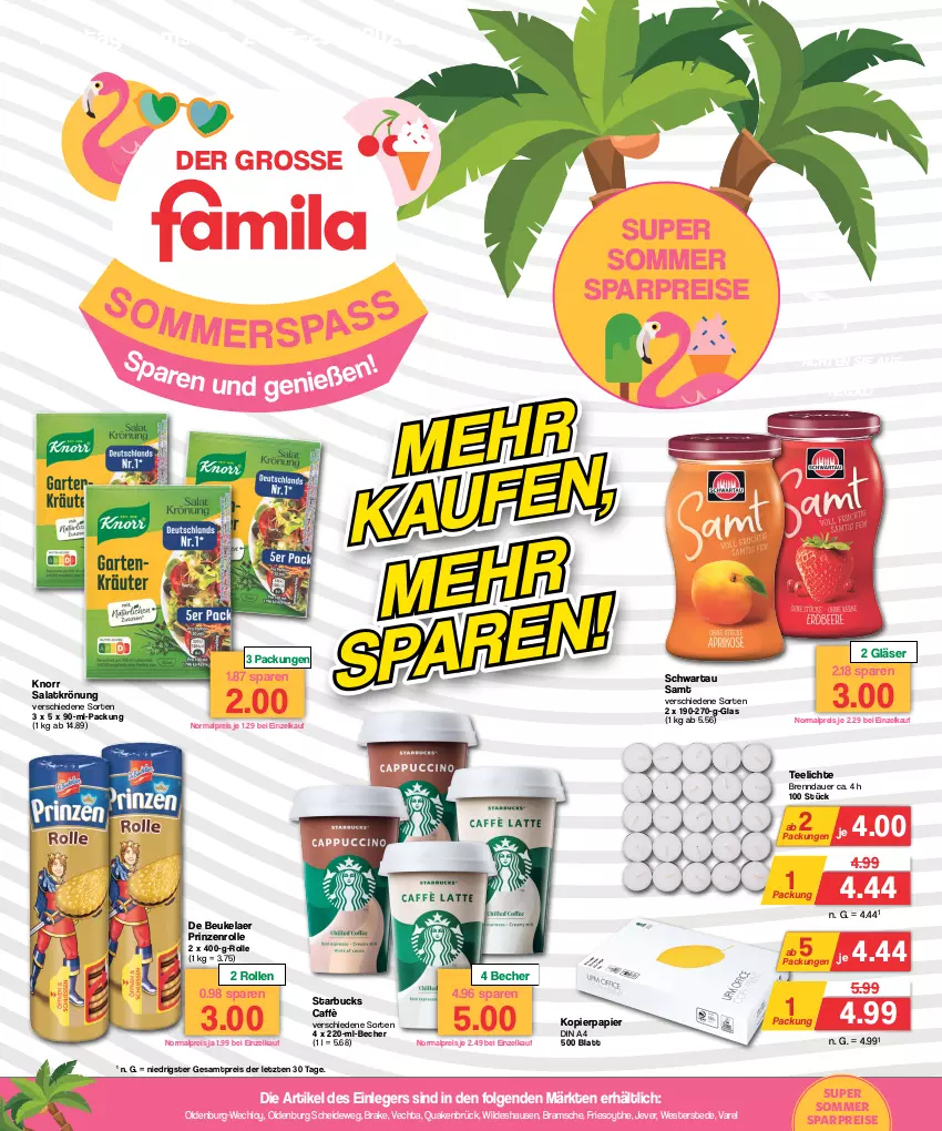 Aktueller Prospekt Famila - Prospekte - von 24.07 bis 29.07.2023 - strona 1 - produkty: auer, Becher, de beukelaer, din a4, eis, Gläser, jever, knorr, kopierpapier, LG, papier, prinzenrolle, regal, reis, rel, salat, salatkrönung, Schwartau, starbucks, tee, Teelicht, teelichte, Ti, Weste, Wild, ZTE