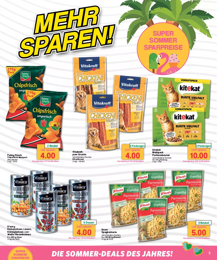 Aktueller Prospekt Famila - Prospekte - von 24.07 bis 29.07.2023 - strona 3 - produkty: beutel, bohne, bohnen, chips, chipsfrisch, eis, erbsen, Funny Frisch, kichererbsen, kidney, kitekat, knorr, kraft, linsen, portionsbeutel, reis, Ria, snack, snacks, Ti, vita, vitakraft