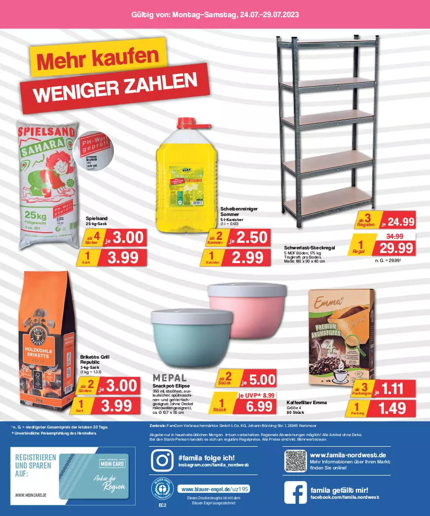 Aktueller Prospekt Famila - Prospekte - von 24.07 bis 29.07.2023 - strona 8 - produkty: auer, briketts, decke, Deckel, drucker, Eckregal, eis, elle, Engel, gefrierfach, grill, kaffee, kerze, kraft, LG, mikrowelle, Rauch, regal, reiniger, reis, rwe, sac, Scheibenreiniger, snack, spielsand, spülmaschinen, steckregal, teller, Ti, ZTE