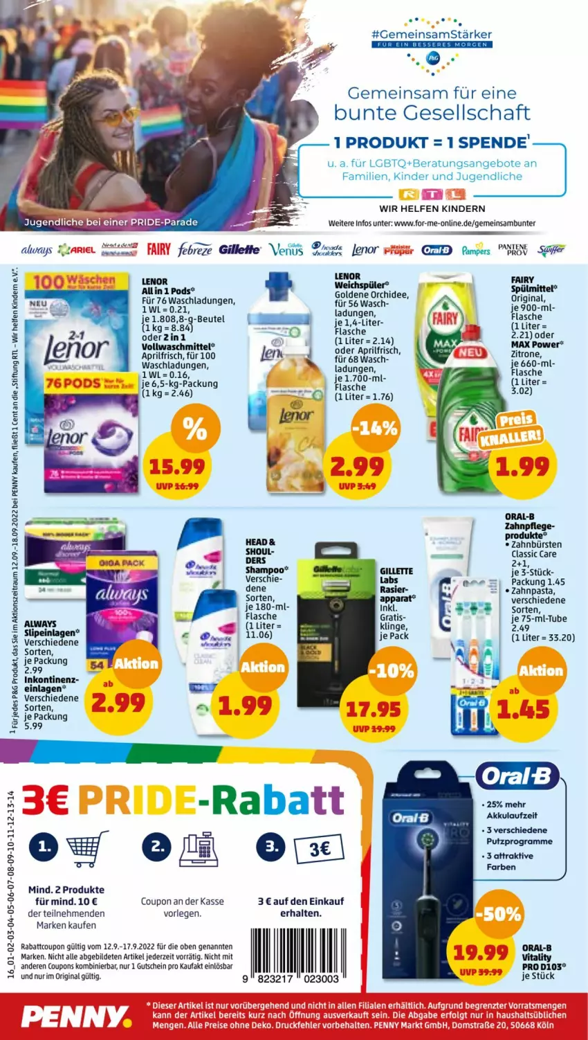 Aktueller Prospekt Penny - Prospekte - von 12.09 bis 17.09.2022 - strona 16 - produkty: akku, Alwa, Always, angebot, angebote, bürste, bürsten, coupon, coupons, fairy, febreze, flasche, gillette, gin, gutschein, Kinder, lenor, LG, oral-b, orchidee, pril, Ria, shampoo, spülmittel, Ti, vita, vitality, vollwaschmittel, waschmittel, weichspüler, zahnbürste, zahnbürsten