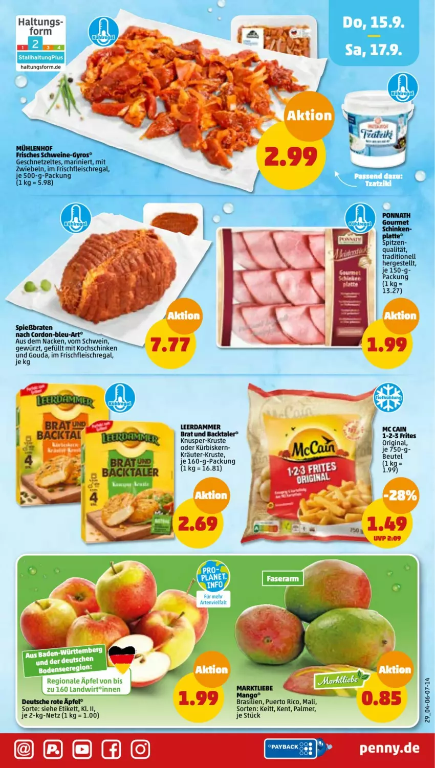 Aktueller Prospekt Penny - Prospekte - von 12.09 bis 17.09.2022 - strona 29 - produkty: beutel, braten, eis, fleisch, geschnetzeltes, gewürz, gin, gouda, gyros, kochschinken, kräuter, Kürbis, latte, leerdammer, mango, mit zwiebeln, ponnath, regal, schinken, schwein, schweine, Schweine-Gyros, Ti, wein, weine, Zelt, zwiebel, zwiebeln