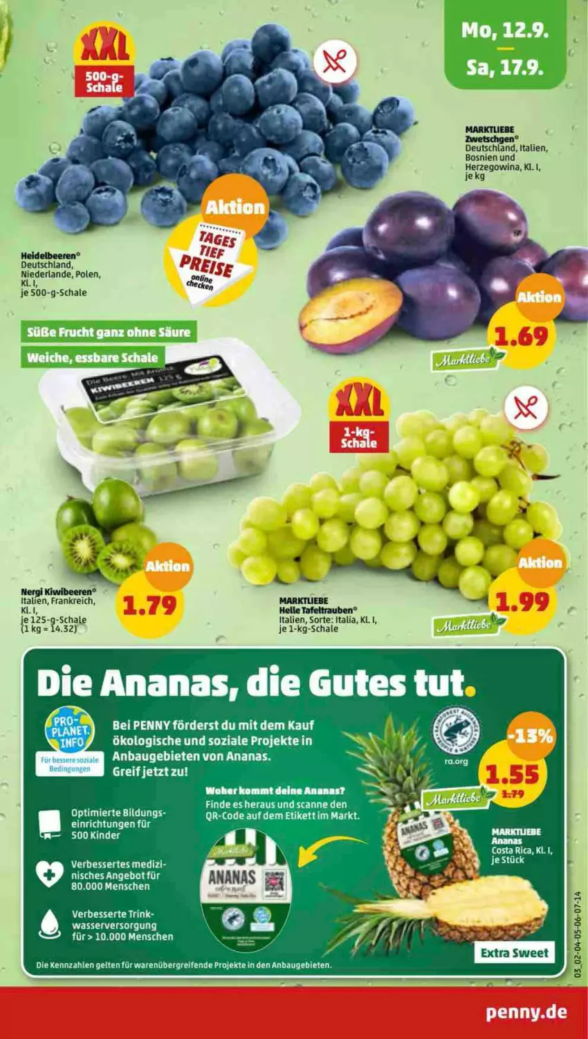 Aktueller Prospekt Penny - Prospekte - von 12.09 bis 17.09.2022 - strona 3 - produkty: ananas, Bau, beere, beeren, elle, ente, heidelbeere, heidelbeeren, Kinder, Schal, Schale, tafeltrauben, trauben, wasser